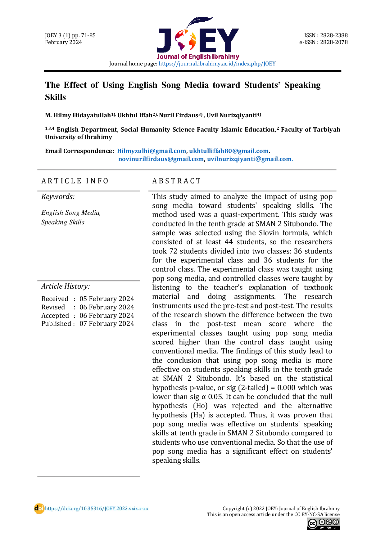 JURIS The Effect of Using English Song Media toward Students Speaking Skills English