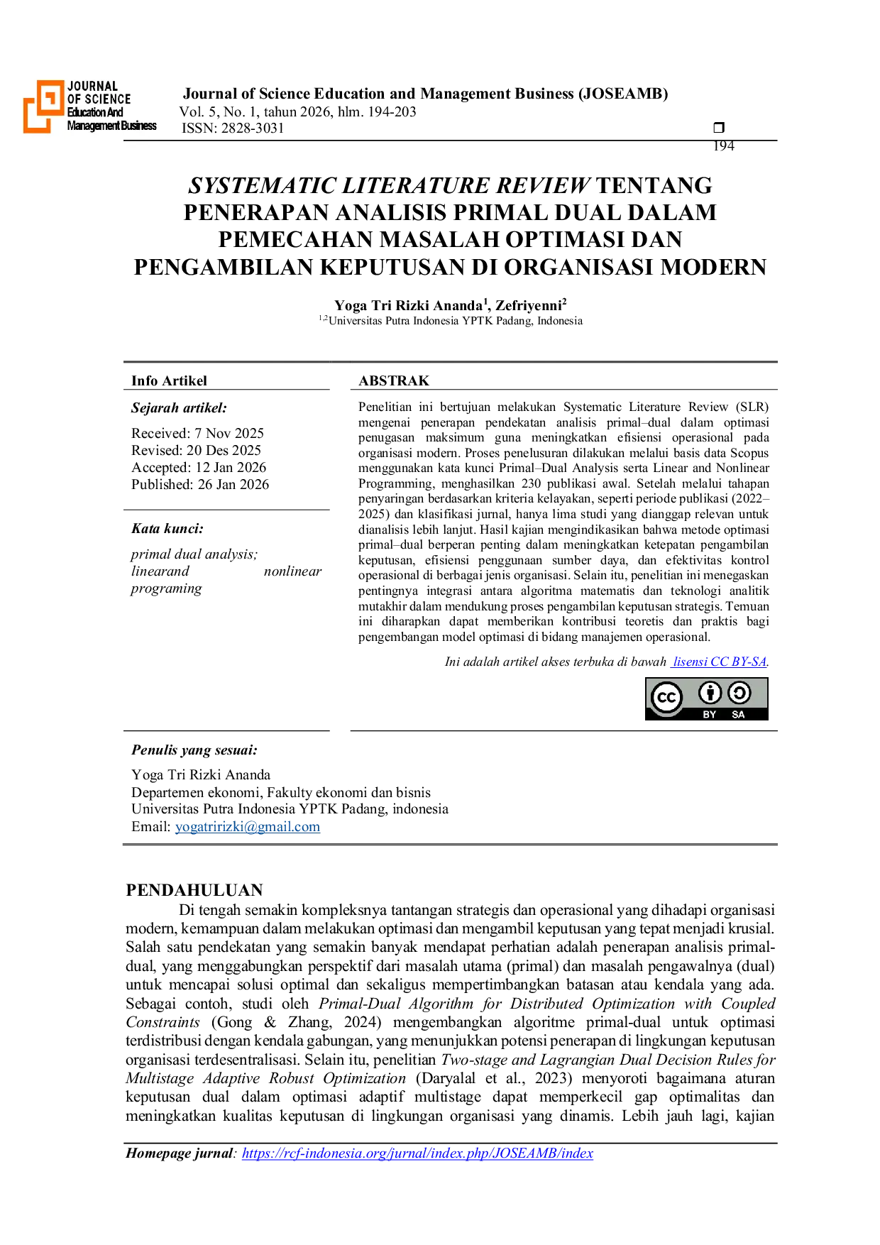 JURIS Systematic Literature Review Tentang Penerapan Analisis Primal Dual Dalam Pemecahan Masalah Optimasi Dan Pengambilan Keputusan Di Organisasi Modern