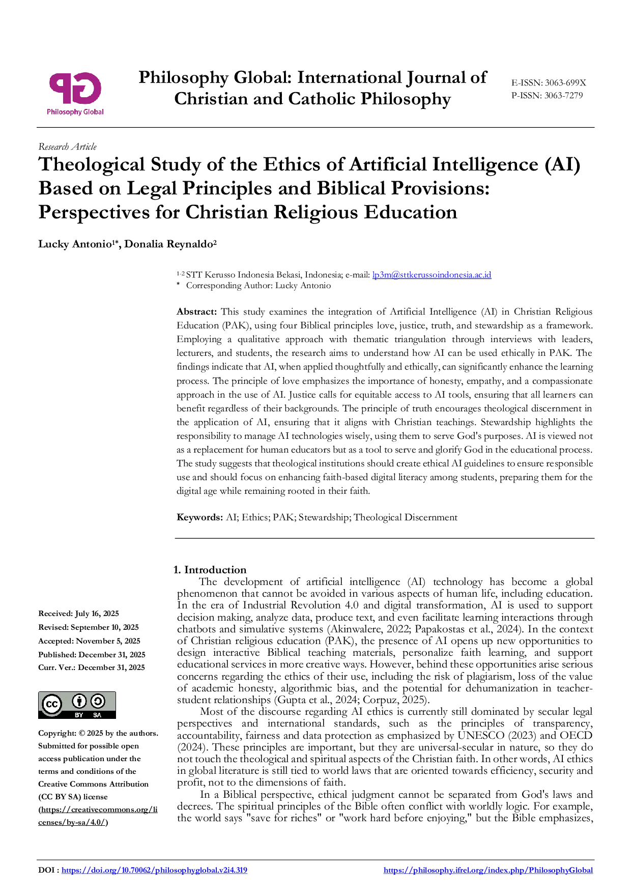 JURIS Theological Study of the Ethics of Artificial Intelligence AI Based on Legal Principles and Biblical Provisions Perspectives for Christian Religious Education