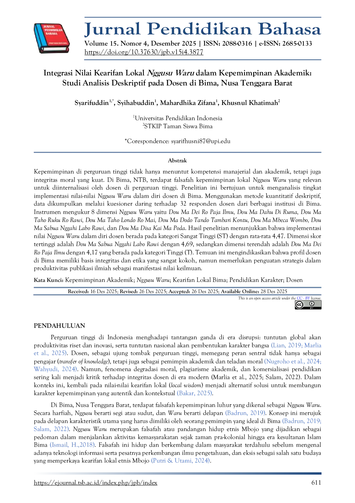 JURIS Integrasi Nilai Kearifan Lokal Nggusu Waru dalam Kepemimpinan Akademik Studi Analisis Deskriptif pada Dosen di Bima Nusa Tenggara Barat