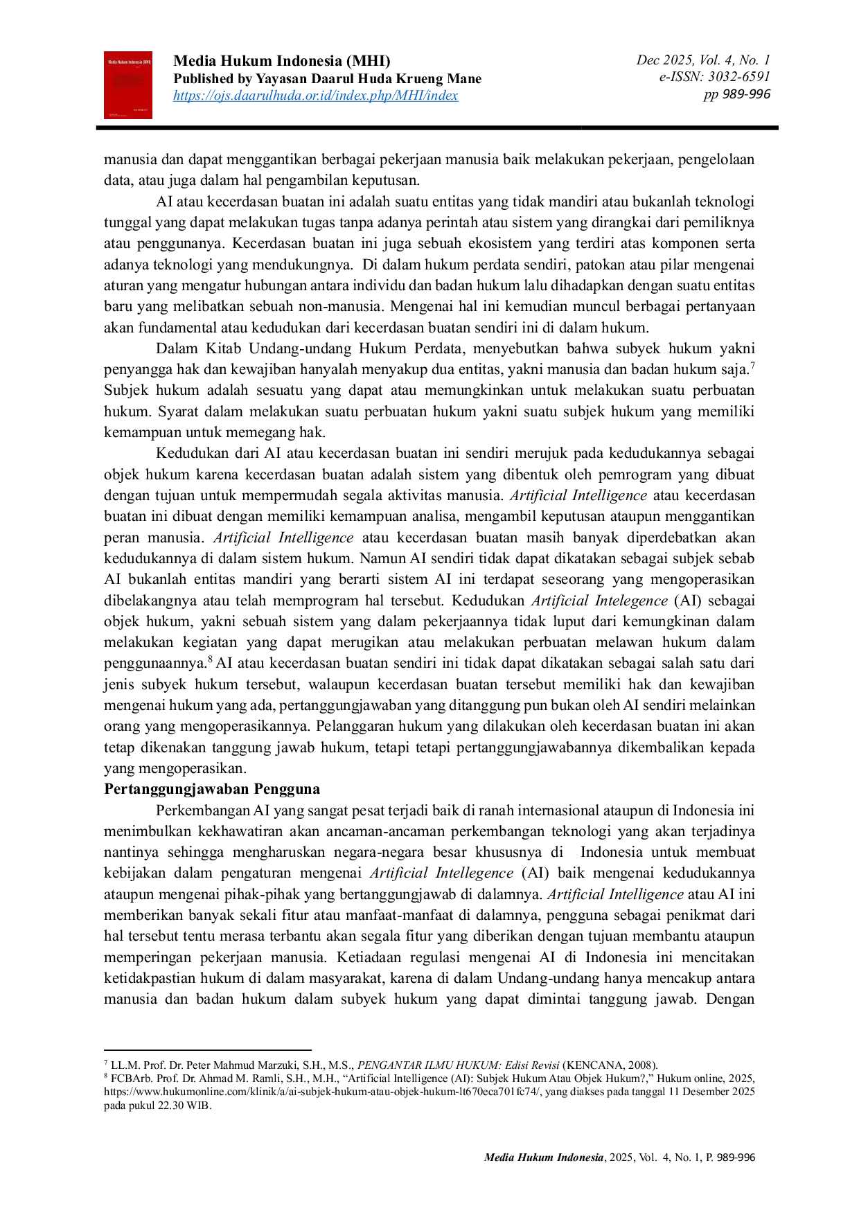 JURIS Kedudukan Artificial Intelligence AI di dalam Hukum Perdata Serta Pertanggungjawaban Pengguna Atas Penyalahgunaannya