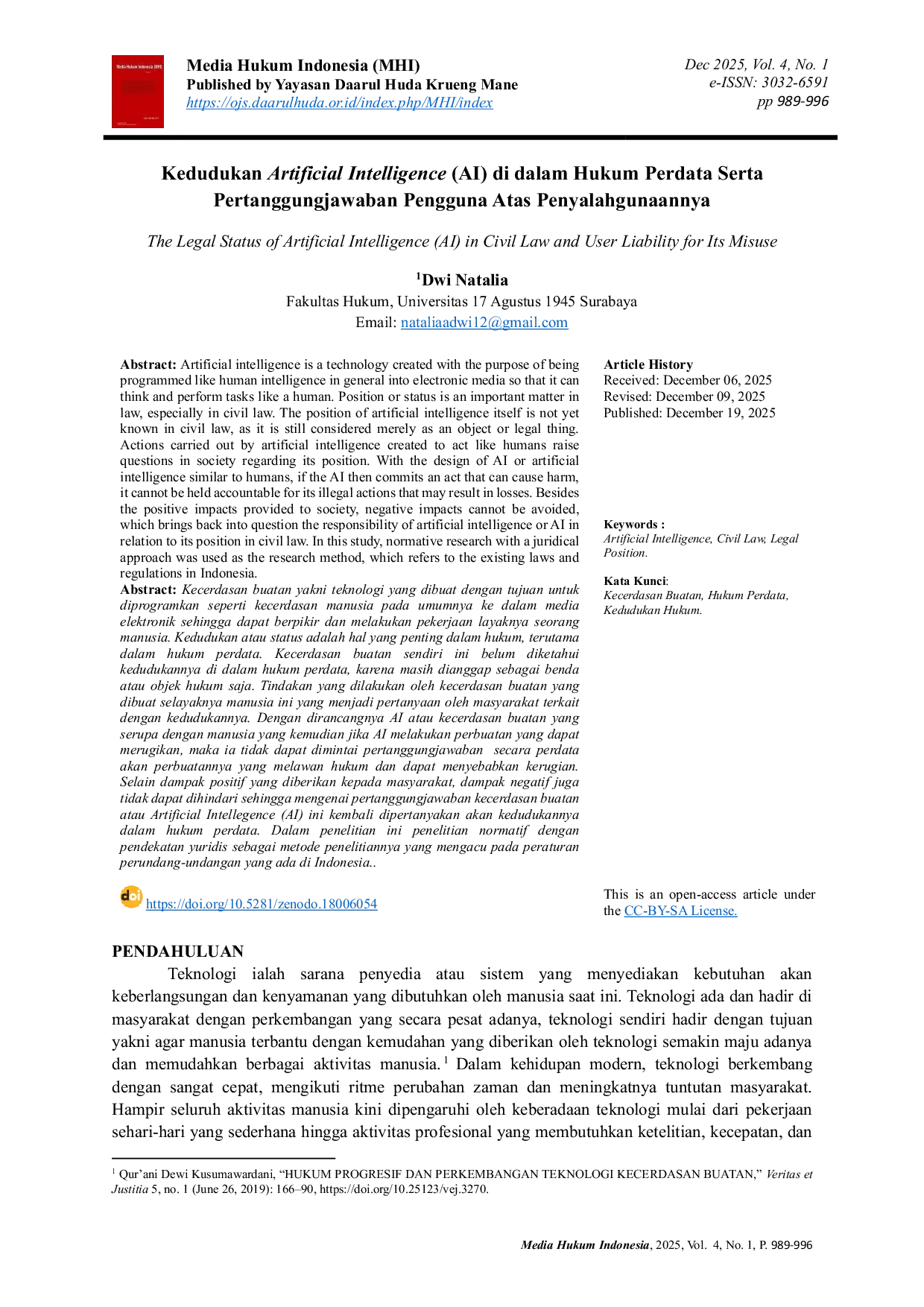 JURIS Kedudukan Artificial Intelligence AI di dalam Hukum Perdata Serta Pertanggungjawaban Pengguna Atas Penyalahgunaannya