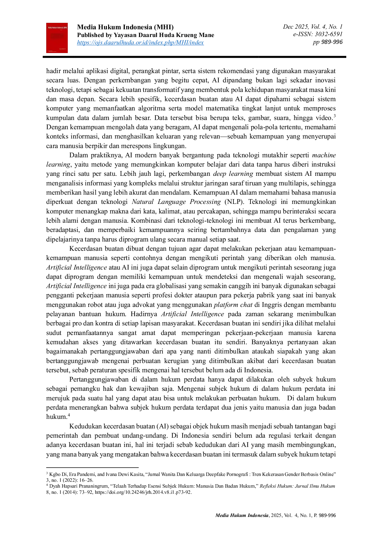 JURIS Kedudukan Artificial Intelligence AI di dalam Hukum Perdata Serta Pertanggungjawaban Pengguna Atas Penyalahgunaannya