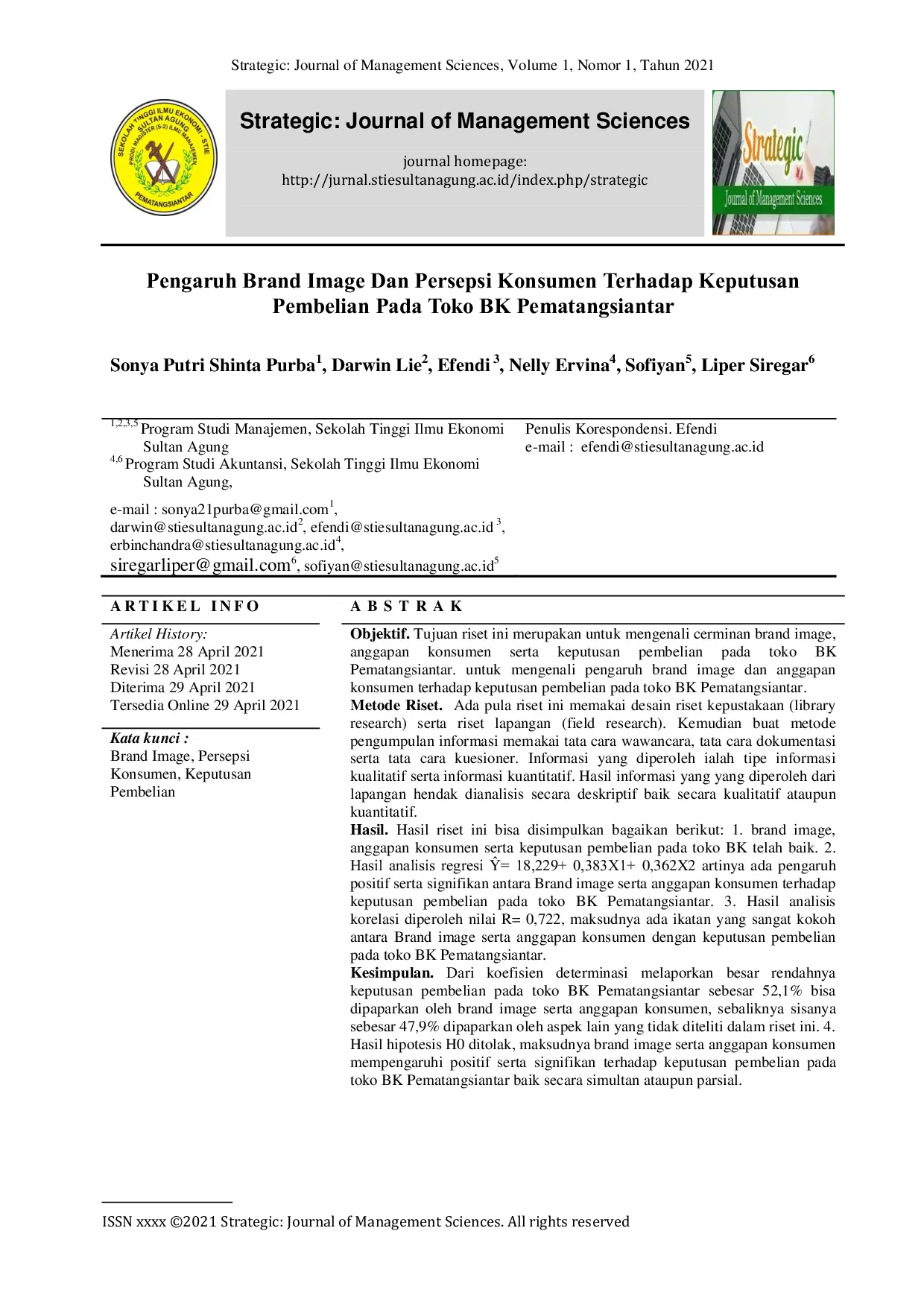 JURIS Pengaruh Brand Image Dan Persepsi Konsumen Terhadap Keputusan Pembelian Pada Toko BK Pematangsiantar