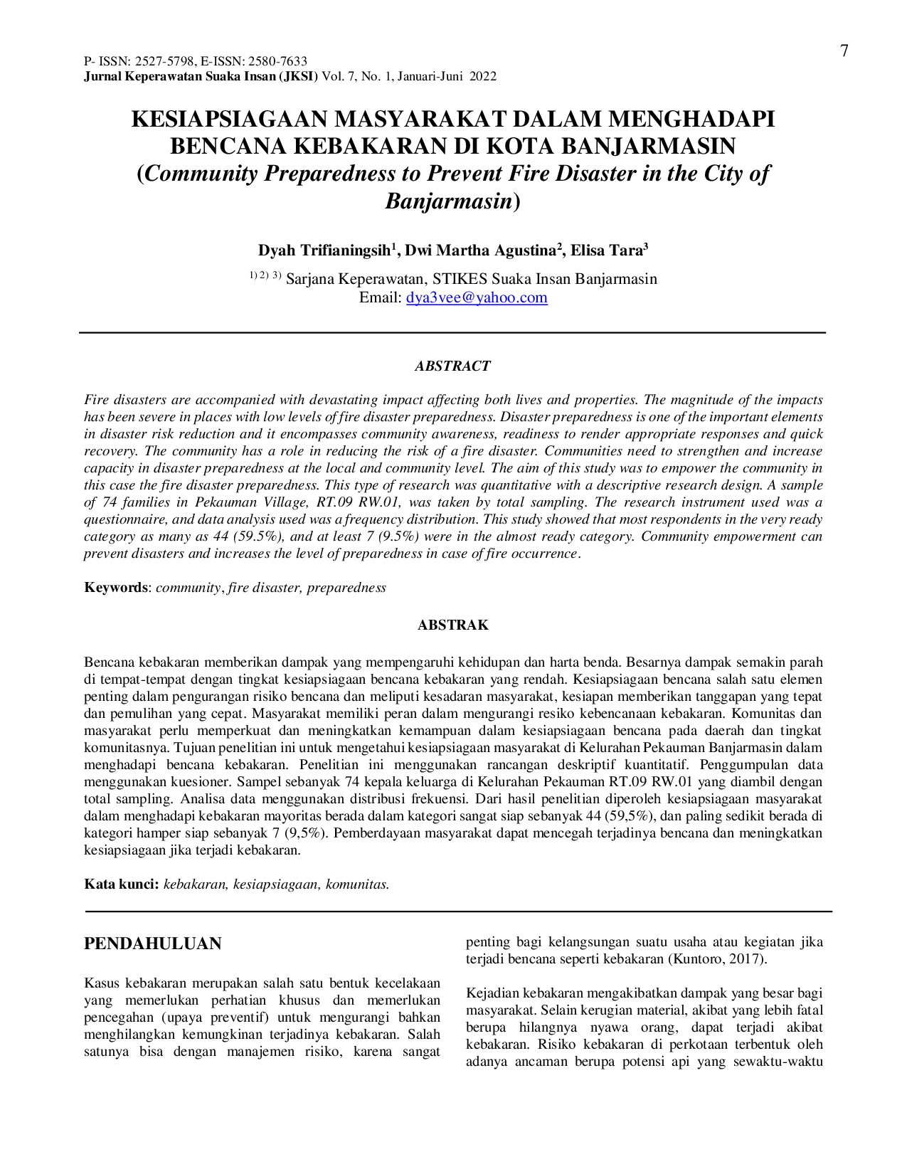 JURIS KESIAPSIAGAAN MASYARAKAT DALAM MENGHADAPI BENCANA KEBAKARAN DI KOTA BANJARMASIN Community Preparedness to Prevent Fire Disaster in the City of Banjarmasin
