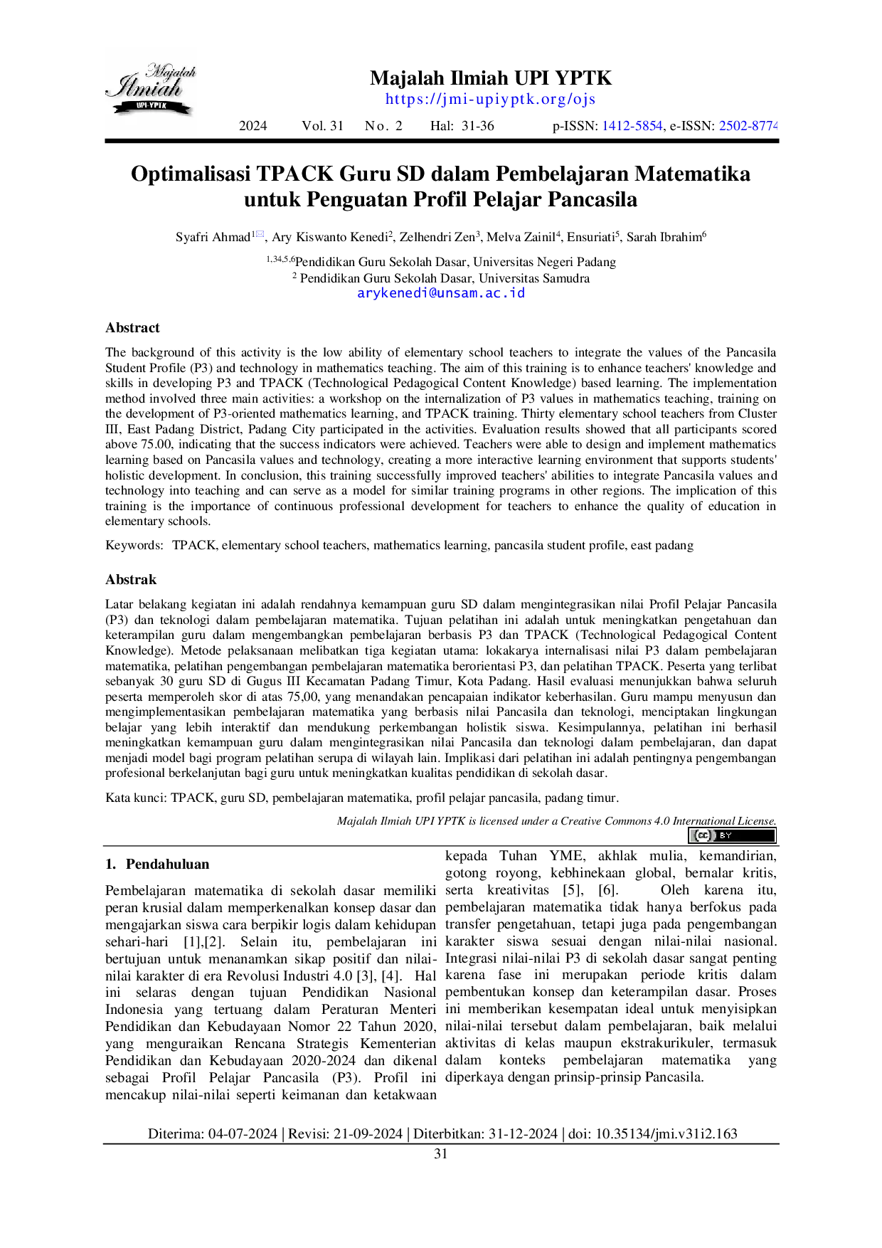 JURIS Optimalisasi TPACK Guru SD dalam Pembelajaran Matematika untuk Penguatan Profil Pelajar Pancasila