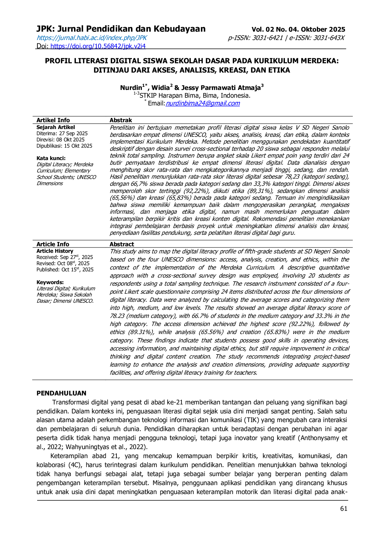JURIS Profil Literasi Digital Siswa Sekolah Dasar Pada Kurikulum Merdeka Ditinjau Dari Akses Analisis Kreasi dan Etika
