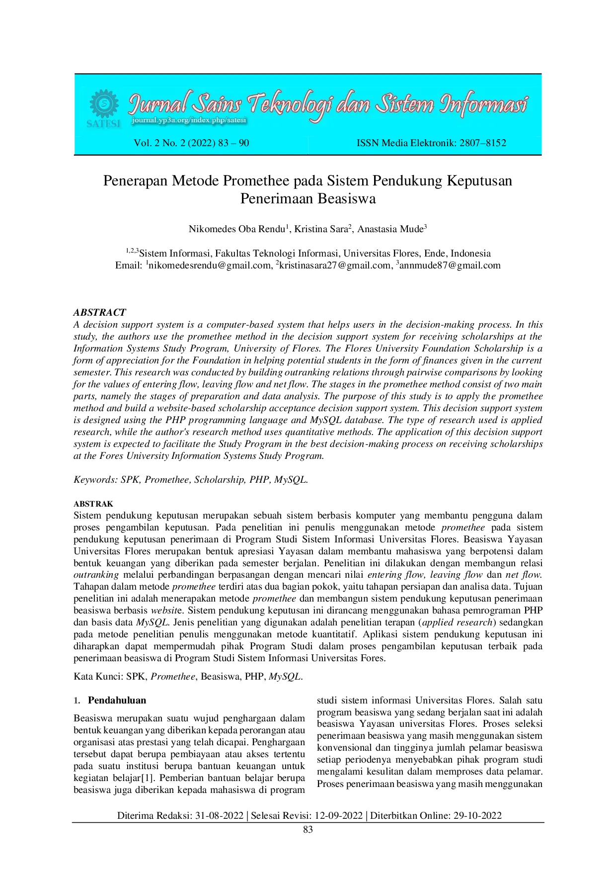 JURIS Penerapan Metode Promethee pada Sistem Pendukung Keputusan Penerimaan Beasiswa