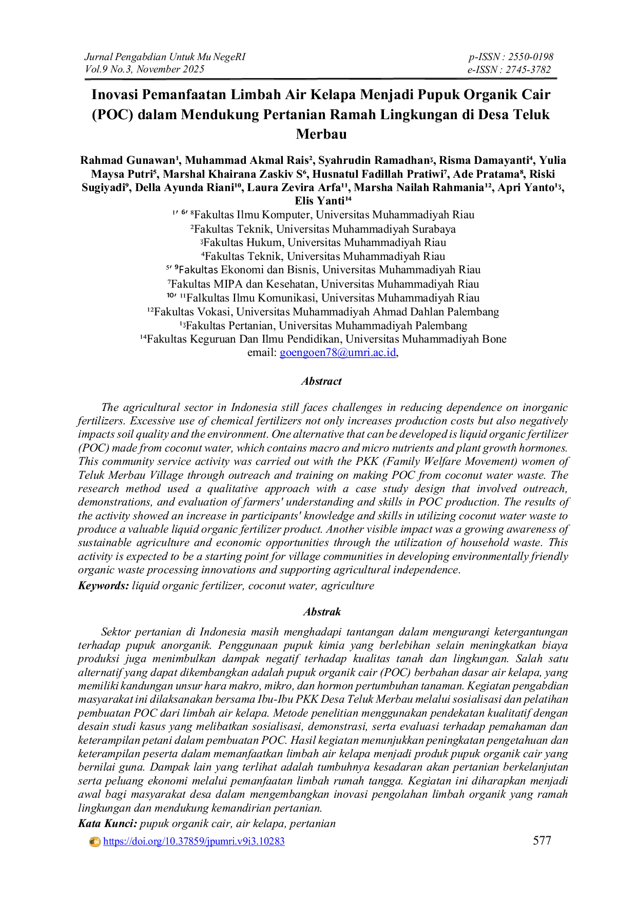 JURIS Inovasi Pemanfaatan Limbah Air Kelapa Menjadi Pupuk Organik Cair POC dalam Mendukung Pertanian Ramah Lingkungan di Desa Teluk Merbau