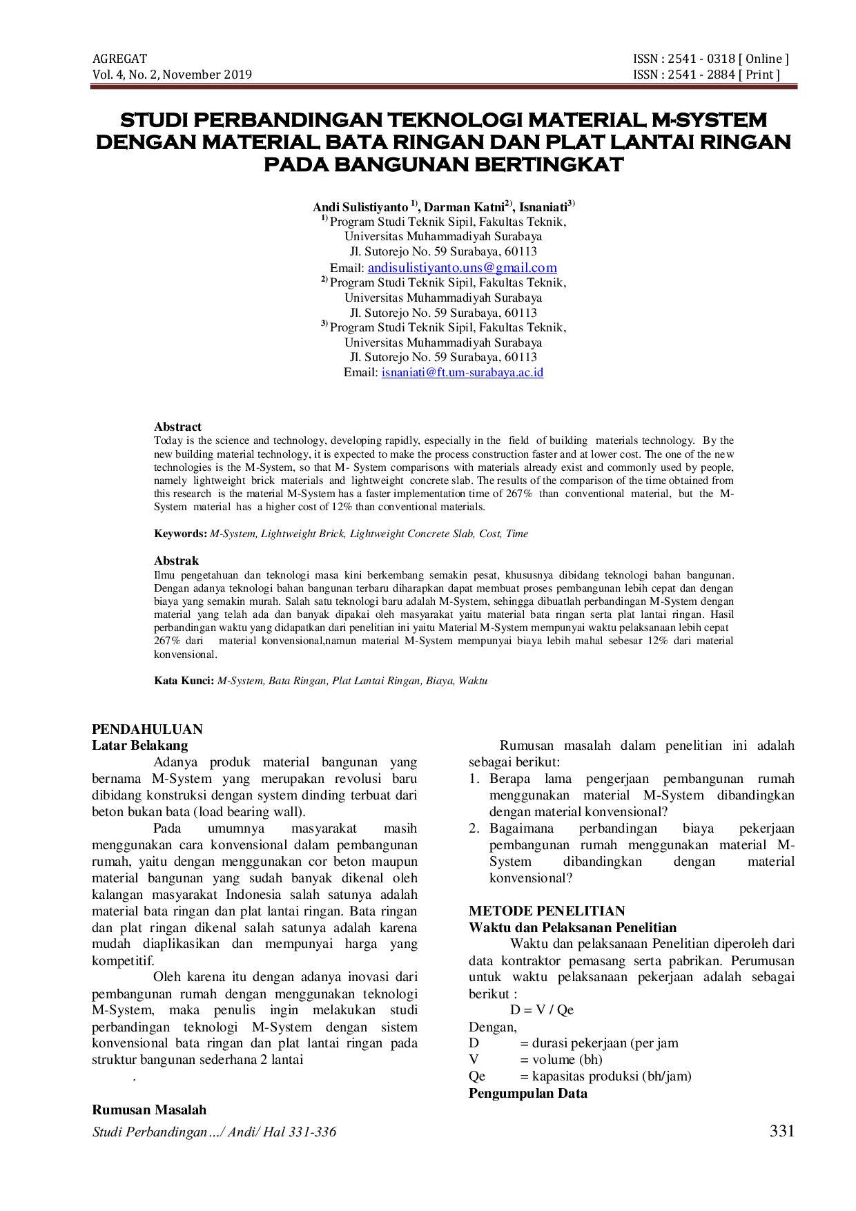 JURIS Studi Perbandingan Teknologi Material M System dengan Material Bata Ringan dan Plat Lantai Ringan pada Bangunan Bertingkat