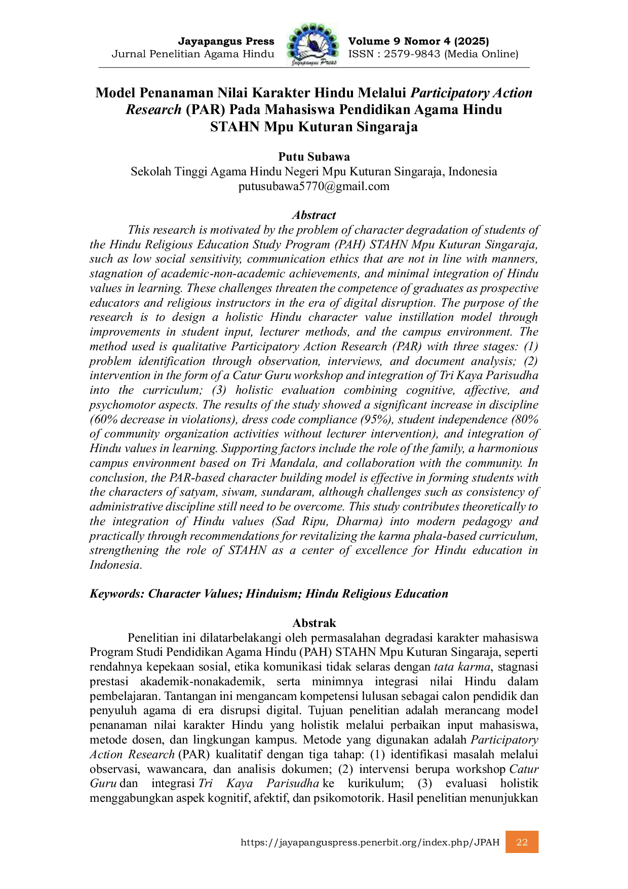JURIS Model Penanaman Nilai Karakter Hindu Melalui Participatory Action Research PAR Pada Mahasiswa Pendidikan Agama Hindu STAHN Mpu Kuturan Singaraja