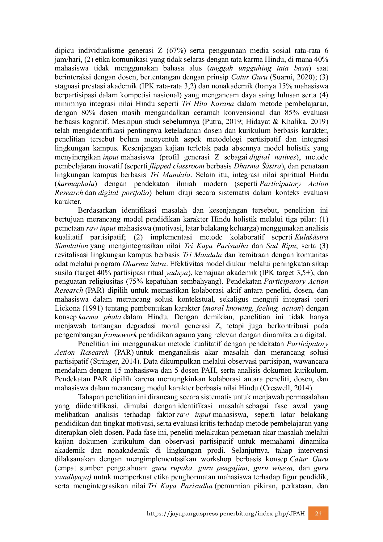 JURIS Model Penanaman Nilai Karakter Hindu Melalui Participatory Action Research PAR Pada Mahasiswa Pendidikan Agama Hindu STAHN Mpu Kuturan Singaraja
