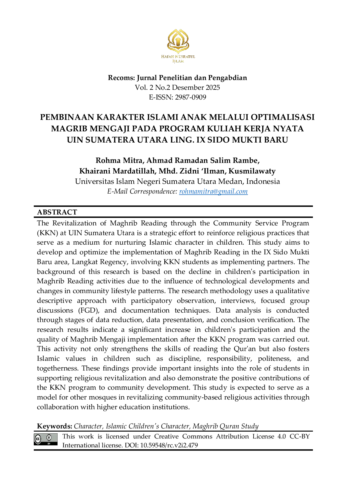JURIS P Pembinaan Karakter Islami Anak melalui Optimalisasi Magrib Mengaji pada Program Kuliah Kerja Nyata UIN Sumatera Utara Ling IX Sido Mukti Baru Kab Langkat