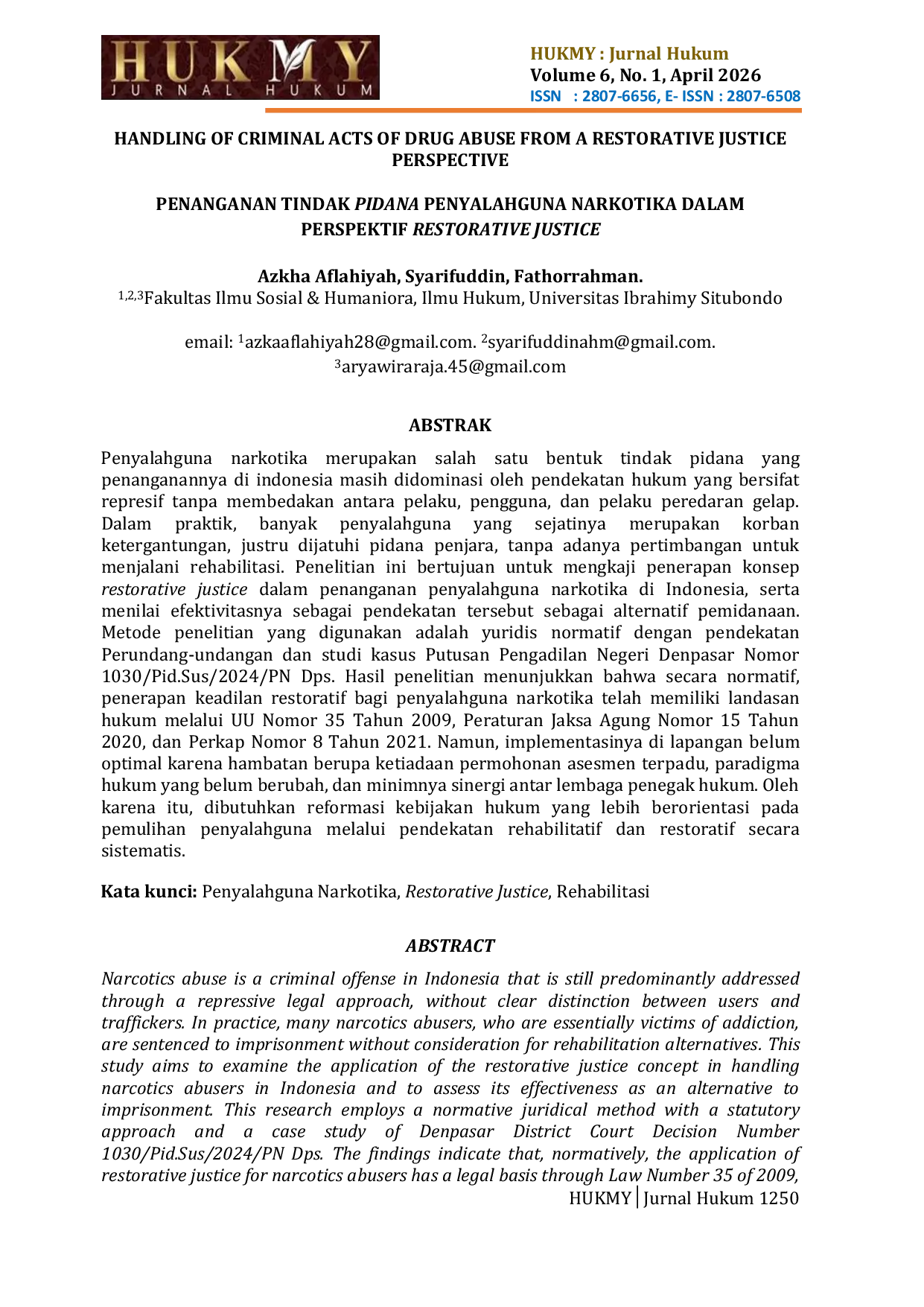 JURIS Penanganan Tindak Pidana Penyalahguna Narkotika Dalam Perspektif Restorative Justice