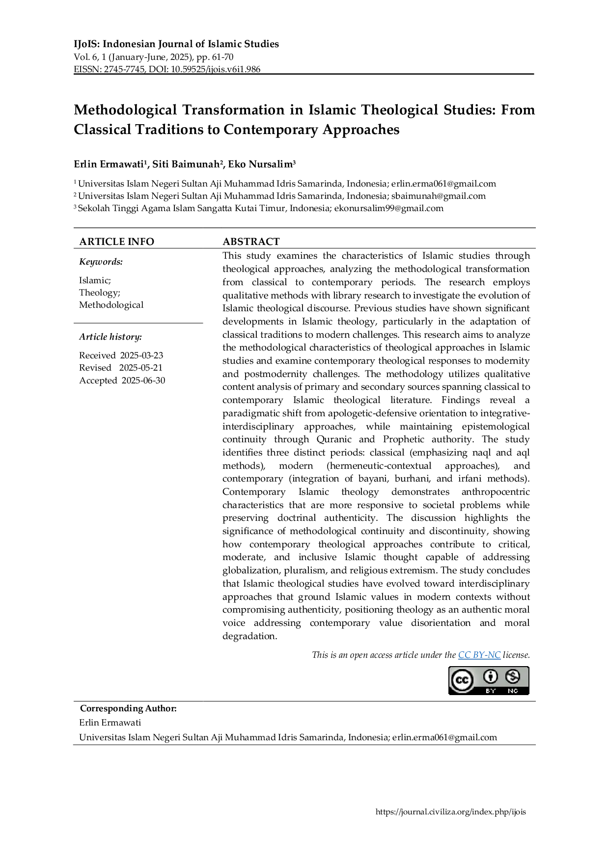 JURIS Methodological Transformation in Islamic Theological Studies From Classical Traditions to Contemporary Approaches