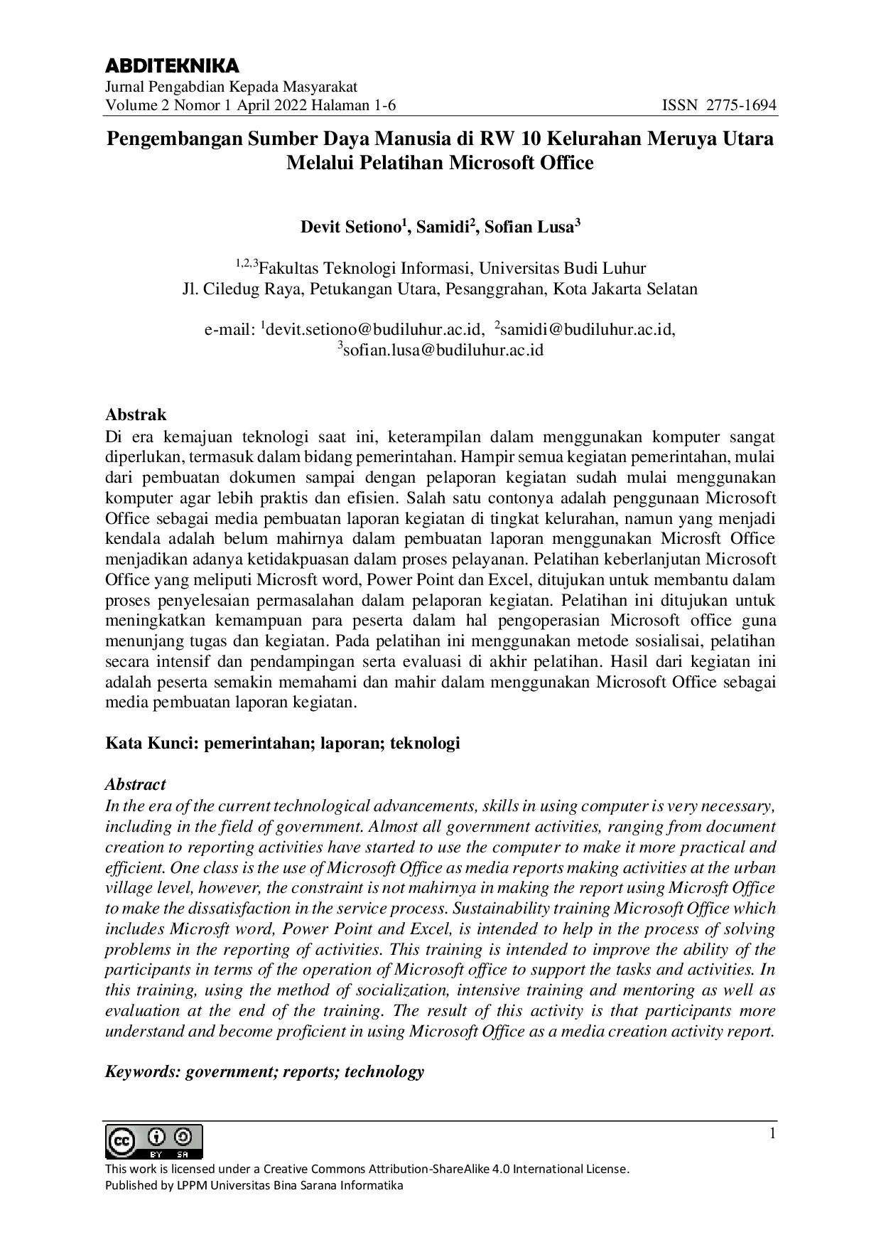 JURIS Pengembangan Sumber Daya Manusia di RW 10 Kelurahan Meruya Utara Melalui Pelatihan Microsoft Office