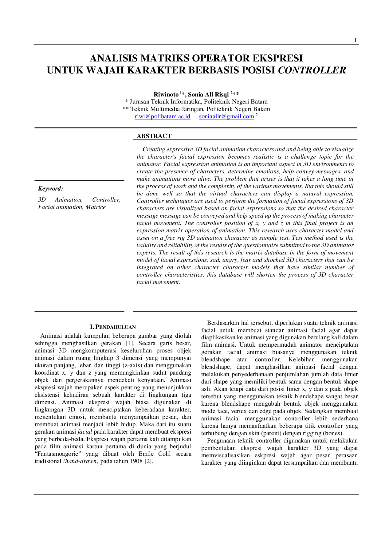JURIS Analisis Matriks Operator Ekspresi Untuk Wajah Karakter Berbasis Posisi Controller
