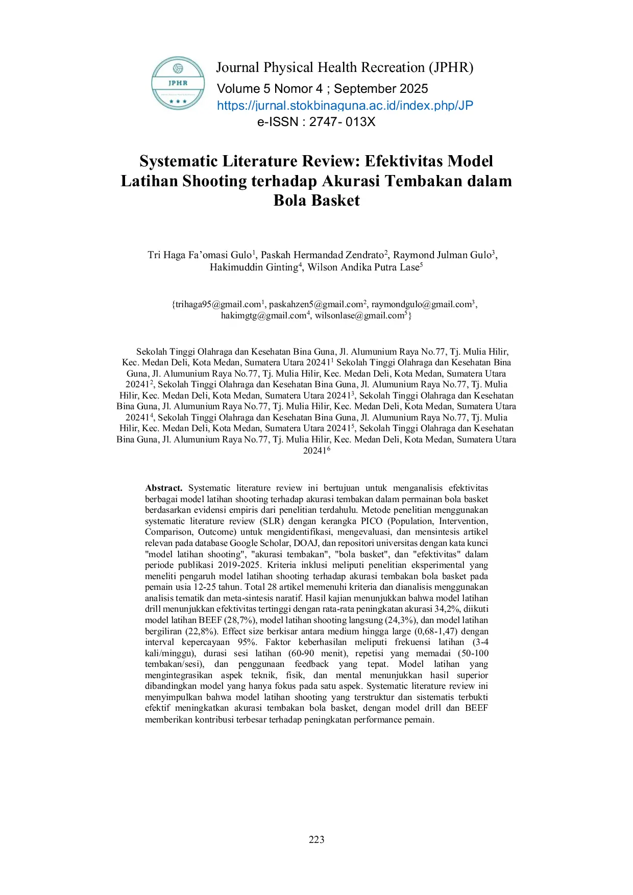 JURIS Systematic Literature Review Efektivitas Model Latihan Shooting terhadap Akurasi Tembakan dalam Bola Basket