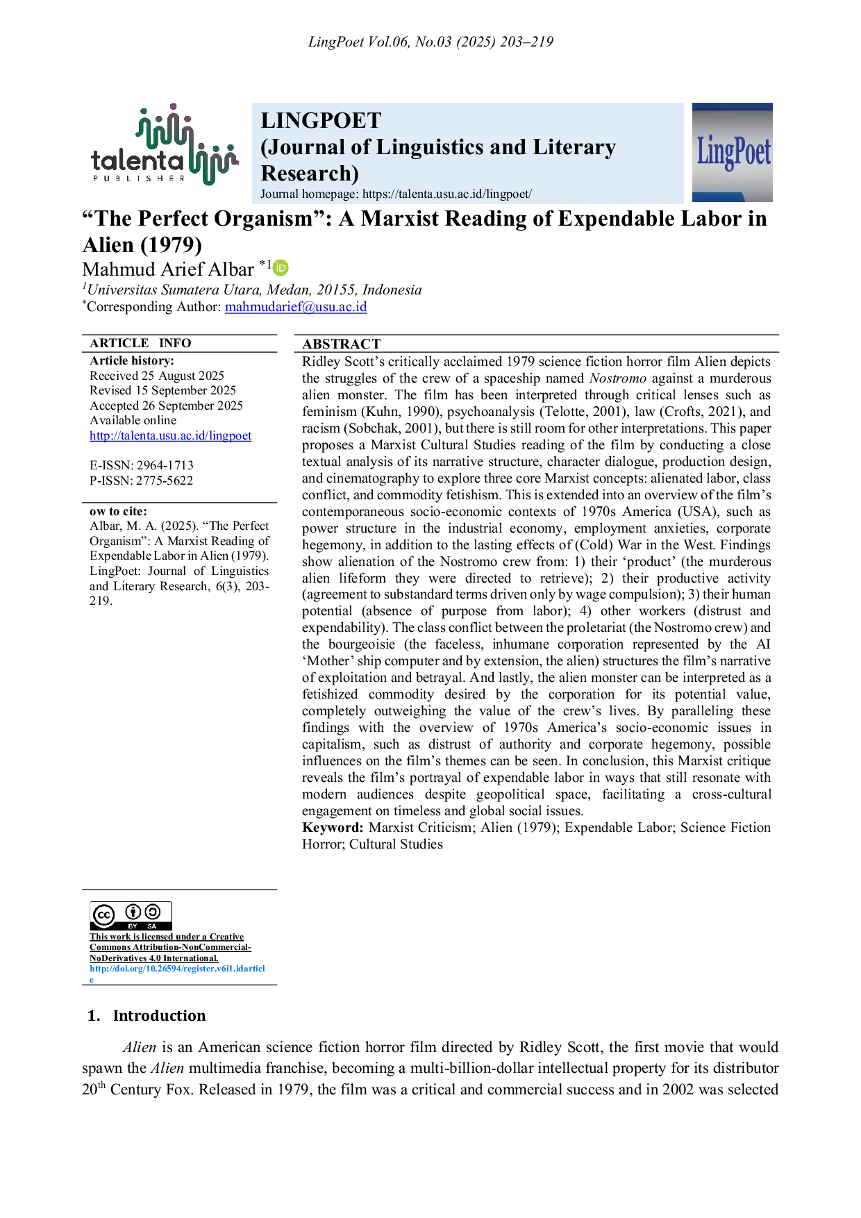 JURIS The Perfect Organism A Marxist Reading of Expendable Labor in Alien 1979