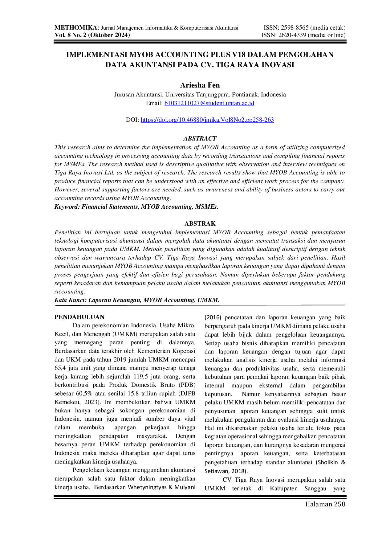 JURIS Implementasi MYOB Accounting Plus V18 dalam Pengolahan Data Akuntansi pada CV Tiga Raya Inovasi