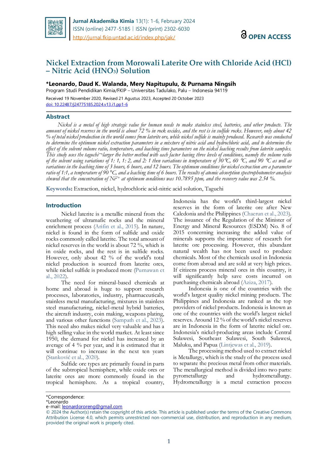 JURIS Nickel Extraction From Morowali Laterite Ore With Chloride Acid Hcl Nitric Acid Hno3 Solution