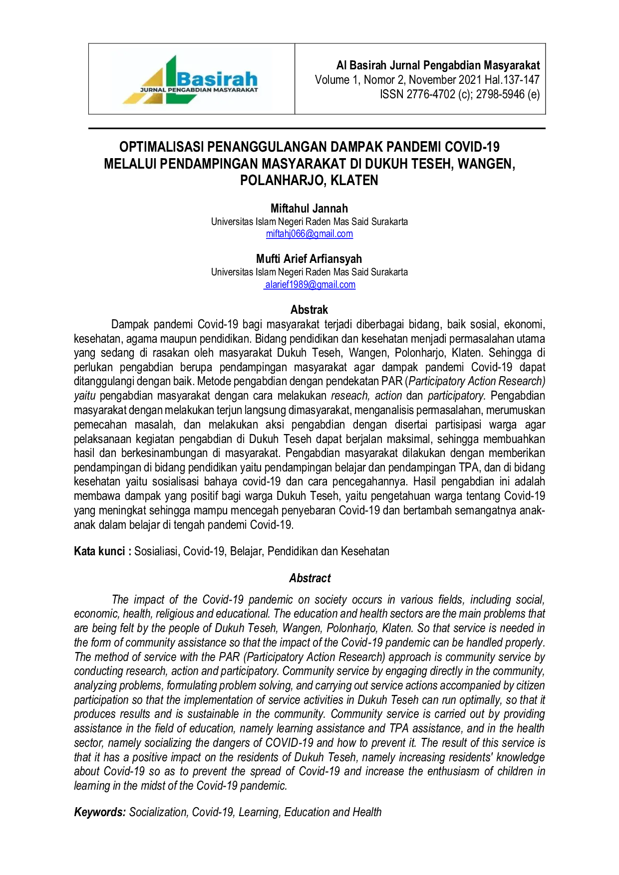JURIS Optimalisasi Penanggulangan Dampak Pandemi Covid 19 Melalui Pendampingan Masyarakat Di Dukuh Teseh Wangen Polanhajro Klaten