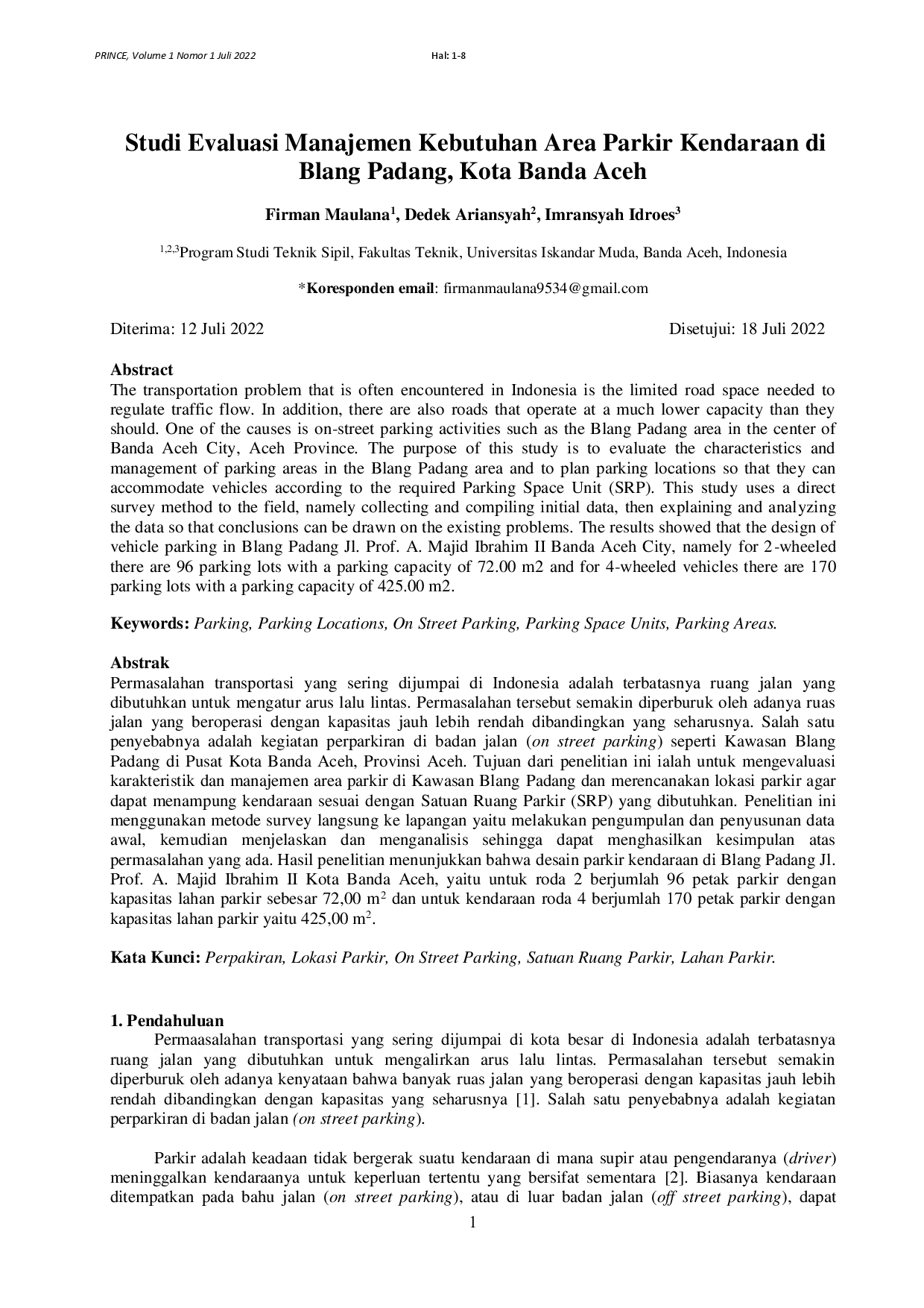 juris Studi Evaluasi Manajemen Kebutuhan Area Parkir Kendaraan di Blang Padang Kota Banda Aceh