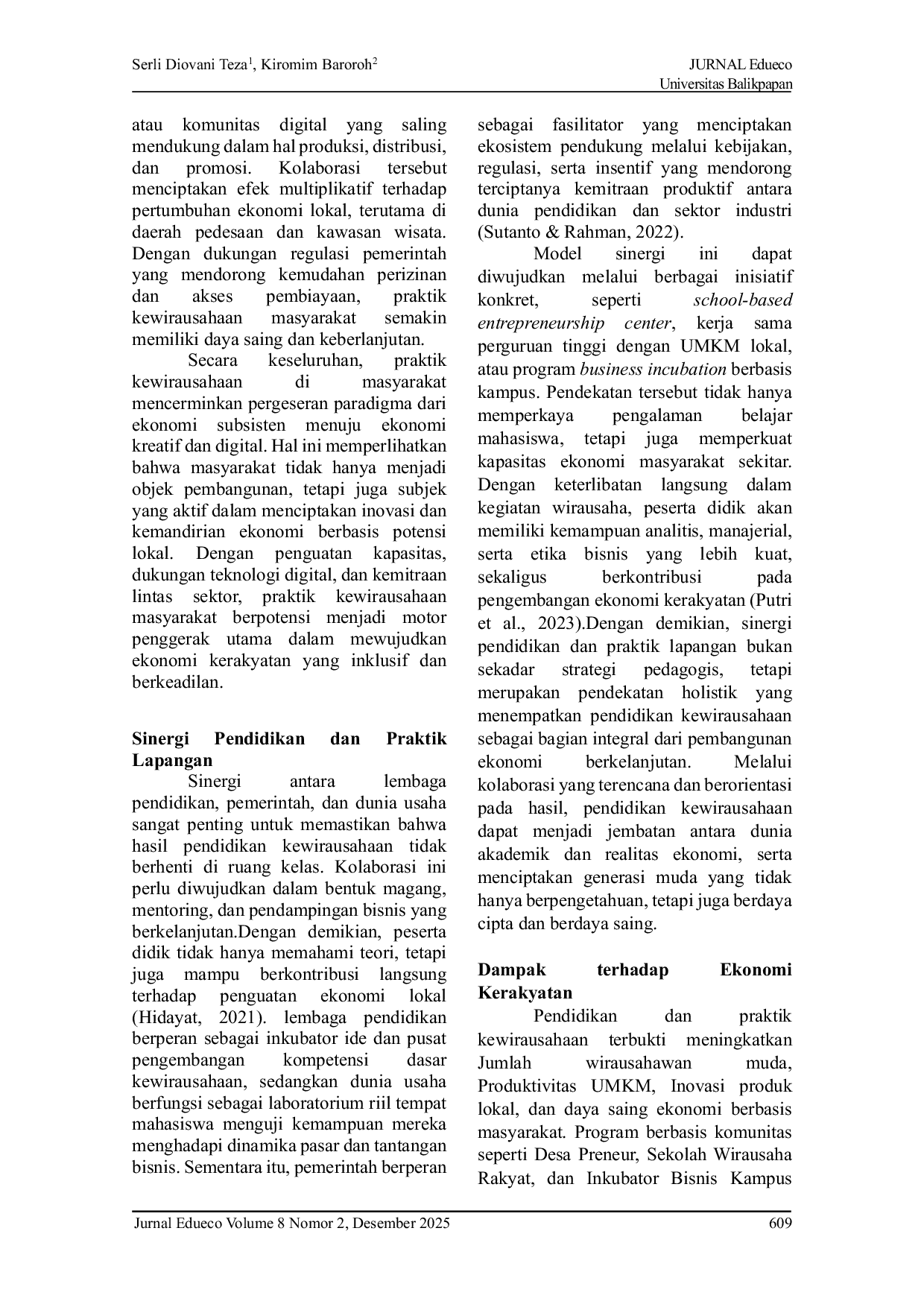 JURIS Pendidikan Kewirausahaan dan Praktik Kewirausahaan sebagai Strategi Penguatan Ekonomi Kerakyatan