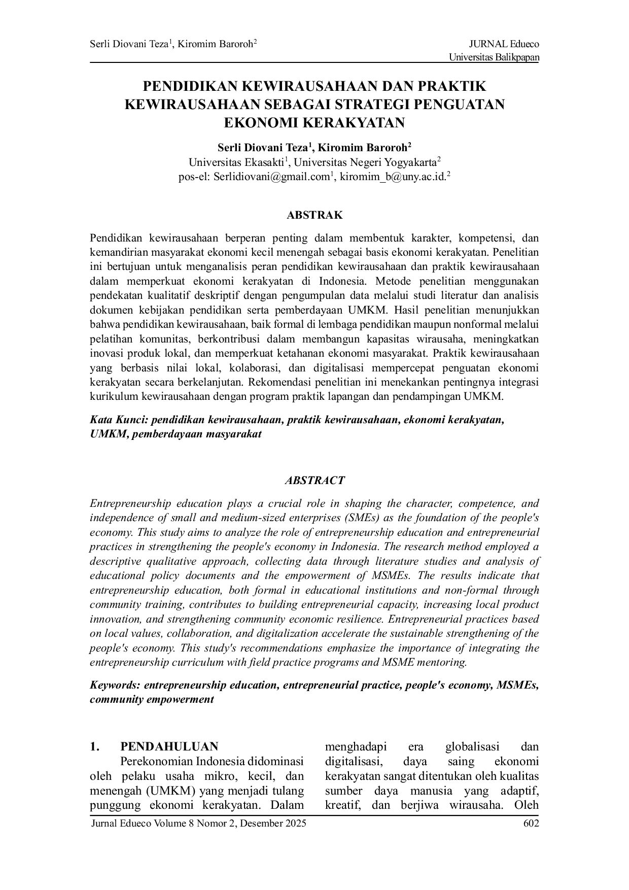 JURIS Pendidikan Kewirausahaan dan Praktik Kewirausahaan sebagai Strategi Penguatan Ekonomi Kerakyatan