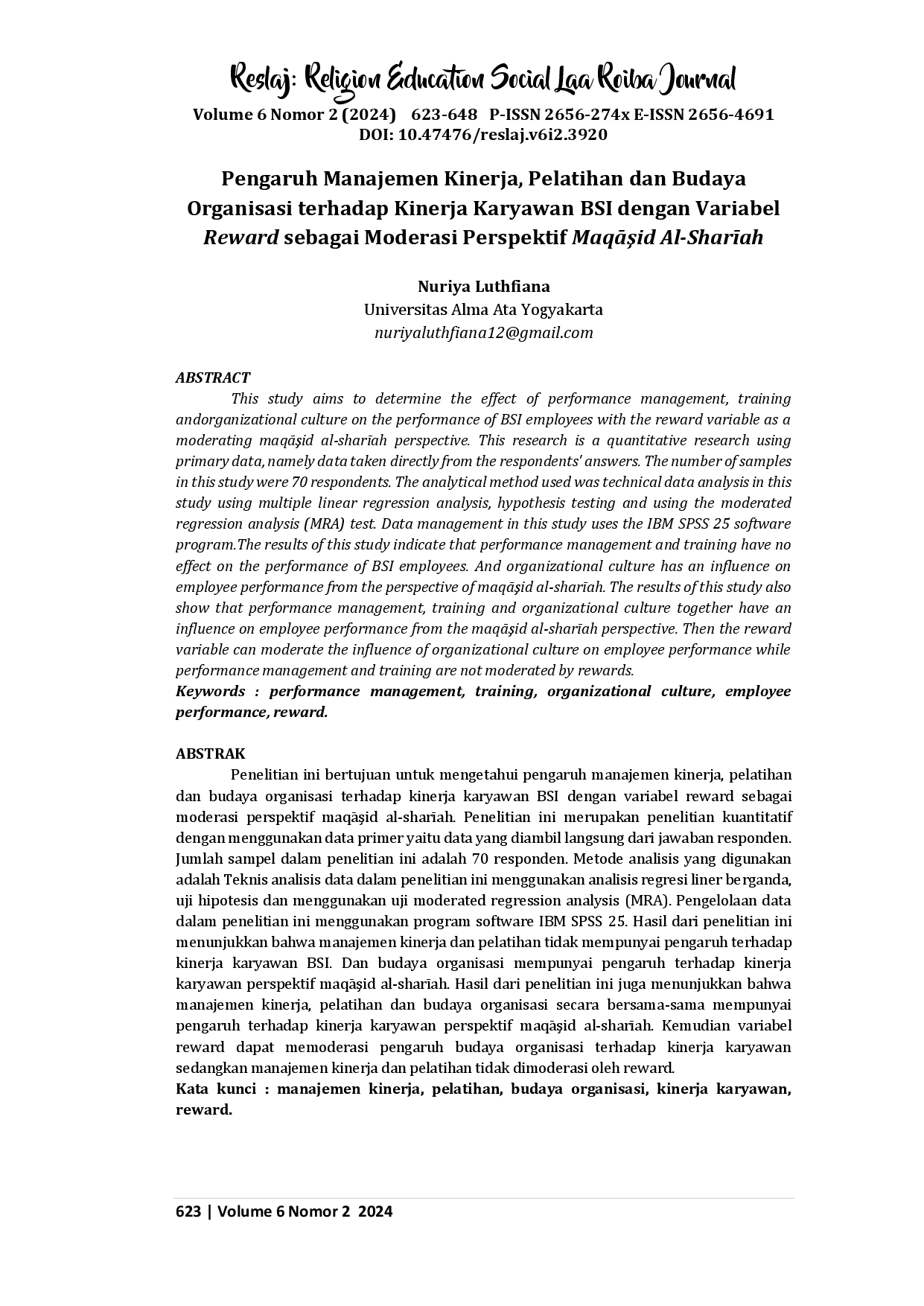 juris Pengaruh Manajemen Kinerja Pelatihan dan Budaya Organisasi terhadap Kinerja Karyawan BSI dengan Variabel Reward sebagai Moderasi Perspektif MaqAid Al Sharah