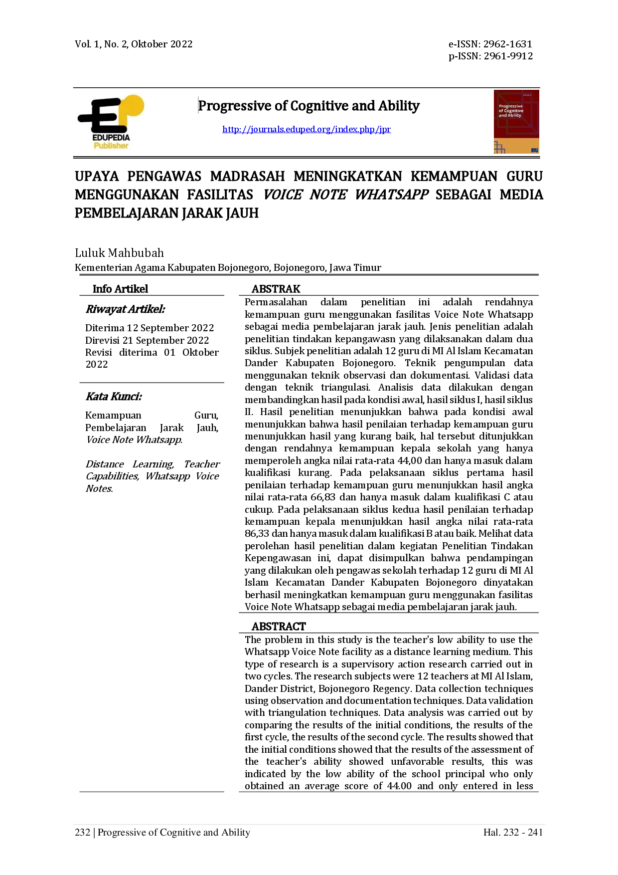 juris Upaya Pengawas Madrasah Meningkatkan Kemampuan Guru Menggunakan Fasilitas Voice Note Whatsapp sebagai Media Pembelajaran Jarak Jauh