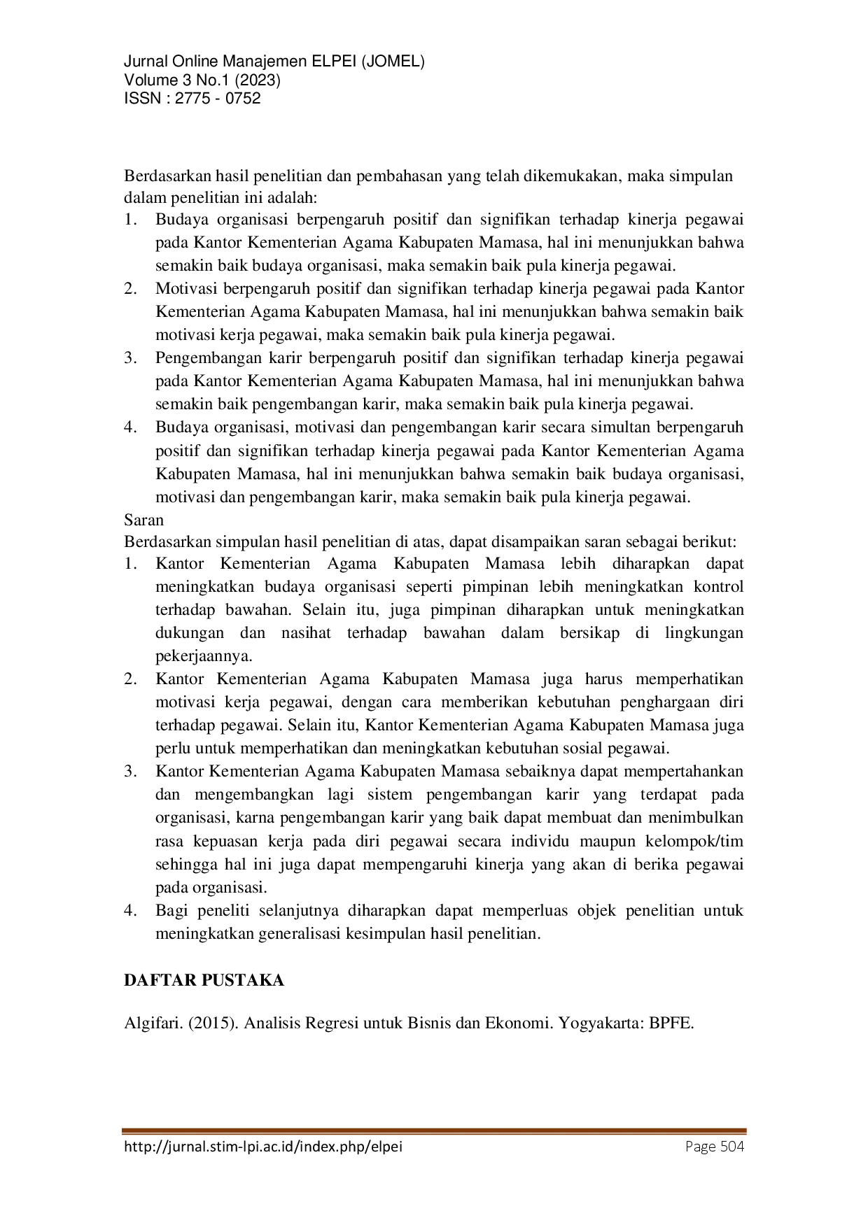 juris Pengaruh Budaya Organisasi Motivasi dan Pengembangan Karir Terhadap Kinerja Pegawai Pada Kantor Kementerian Agama Kabupaten Mamasa