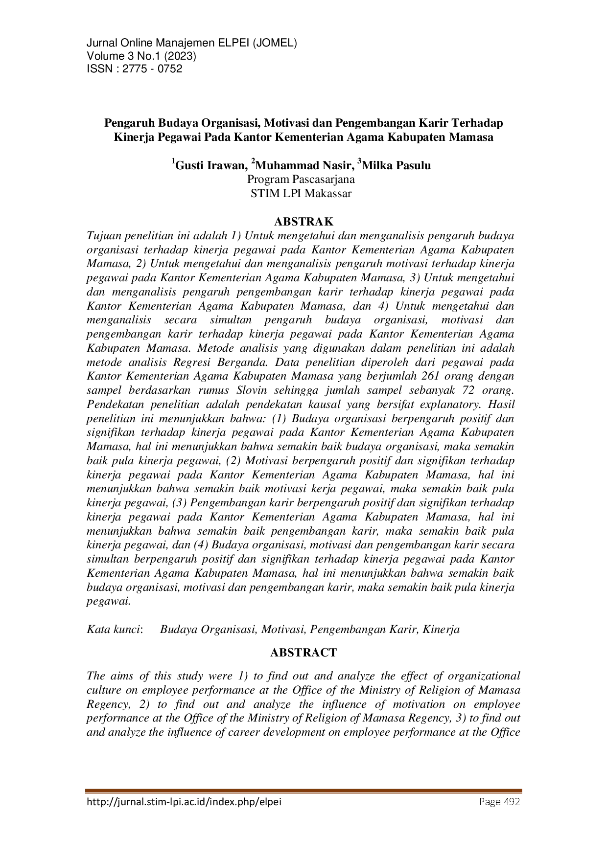 juris Pengaruh Budaya Organisasi Motivasi dan Pengembangan Karir Terhadap Kinerja Pegawai Pada Kantor Kementerian Agama Kabupaten Mamasa