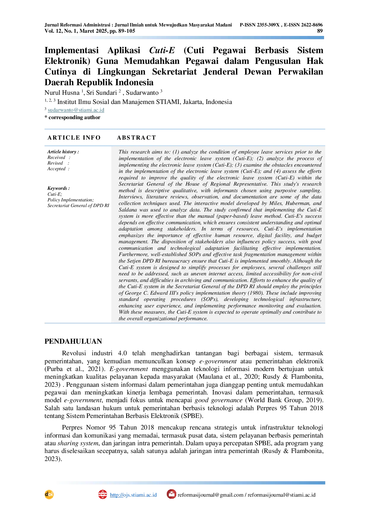 JURIS Implementasi Aplikasi Cuti E Cuti Pegawai Berbasis Sistem Elektronik Guna Memudahkan Pegawai dalam Pengusulan Hak Cutinya di Lingkungan Sekretariat Jenderal Dewan Perwakilan Daerah Republik Indonesi