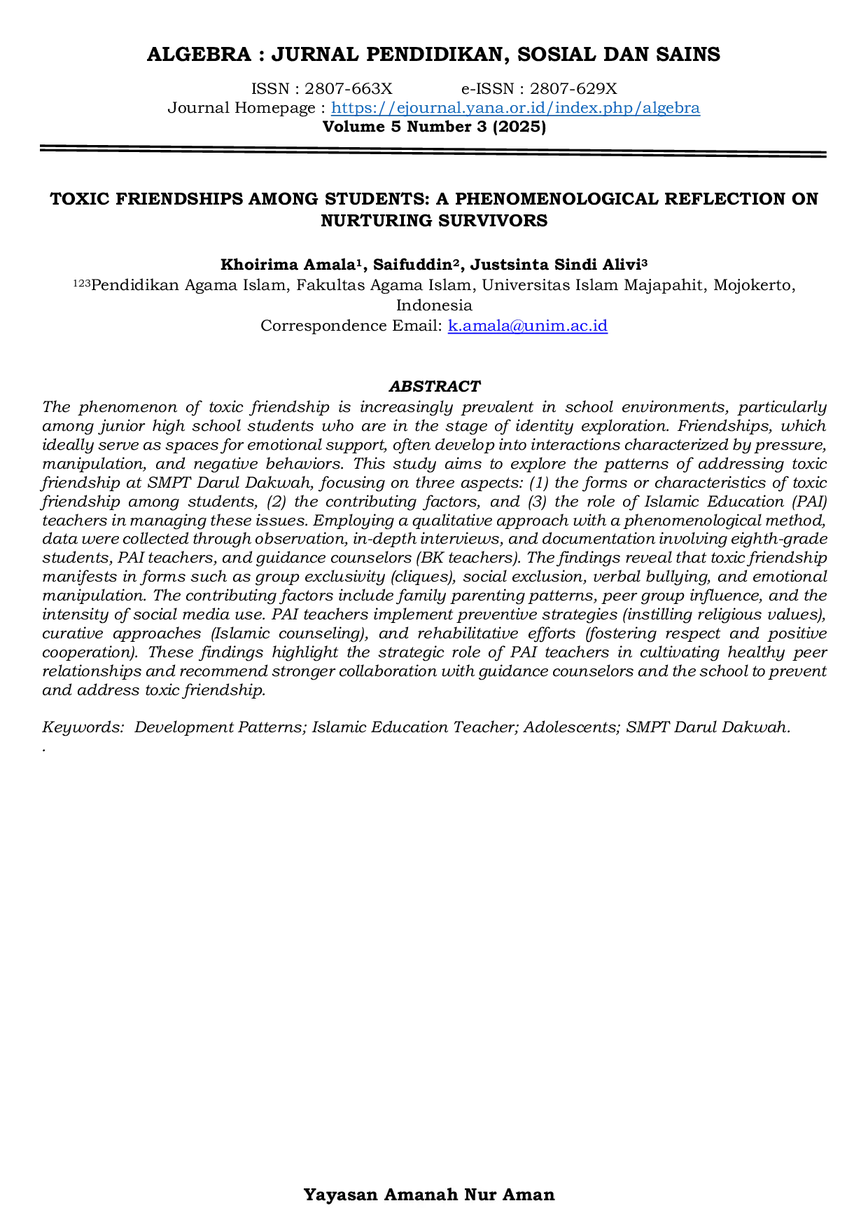JURIS Toxic Friendships Among Students A Phenomenological Reflection on Nurturing Survivors