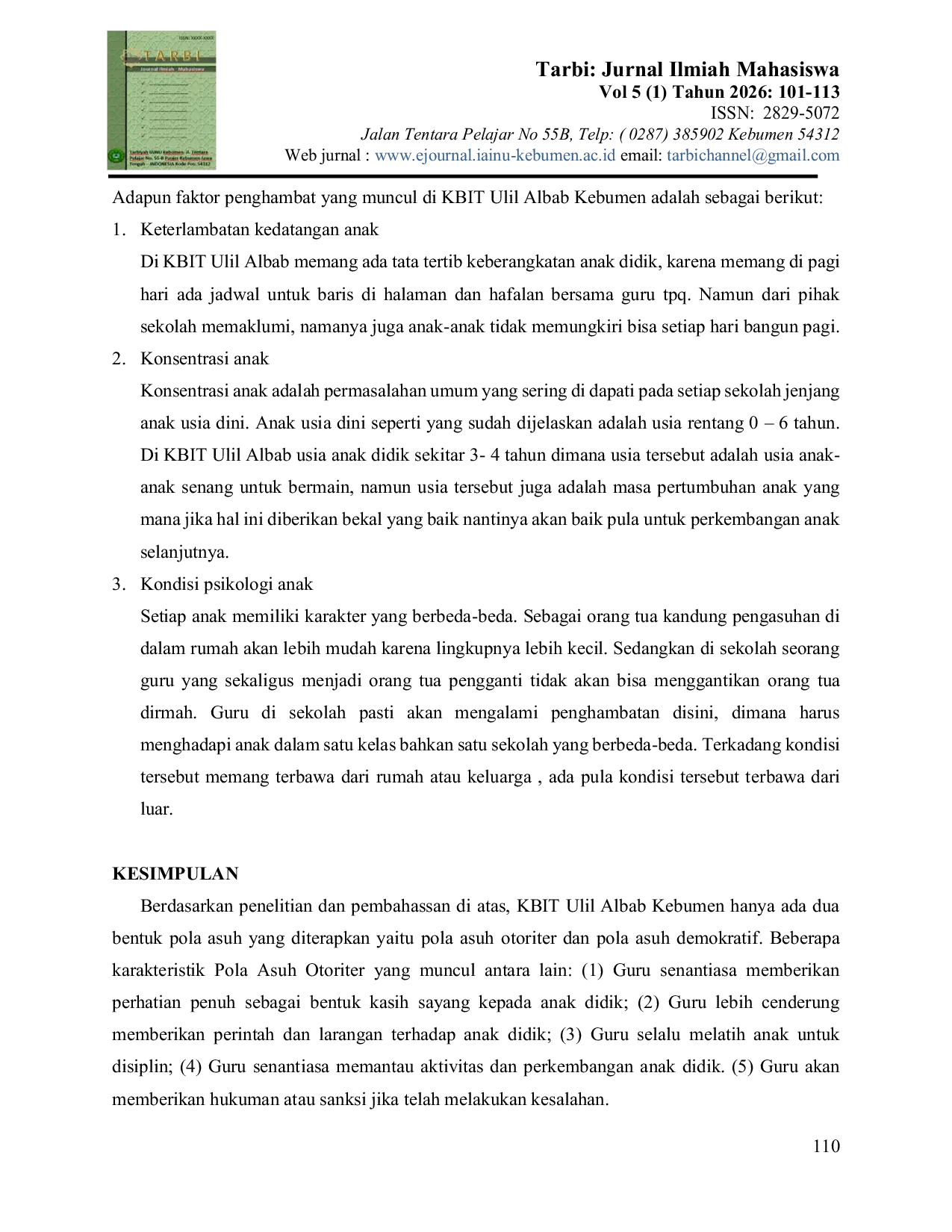 JURIS Analisis Pola Asuh Anak Usia Dini dalam Menerapkan Pendidikan Agama Islam di KBIT Ulil Albab Kebumen