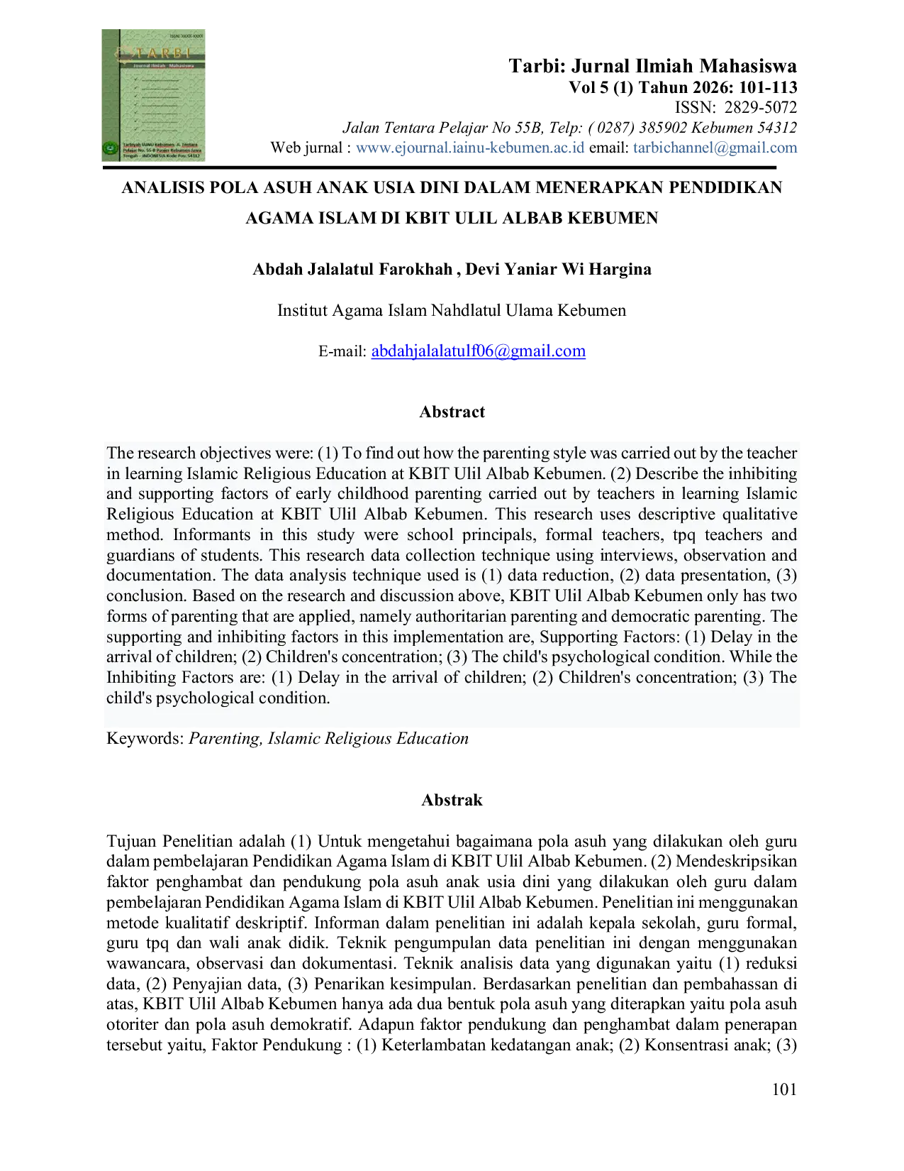 JURIS Analisis Pola Asuh Anak Usia Dini dalam Menerapkan Pendidikan Agama Islam di KBIT Ulil Albab Kebumen