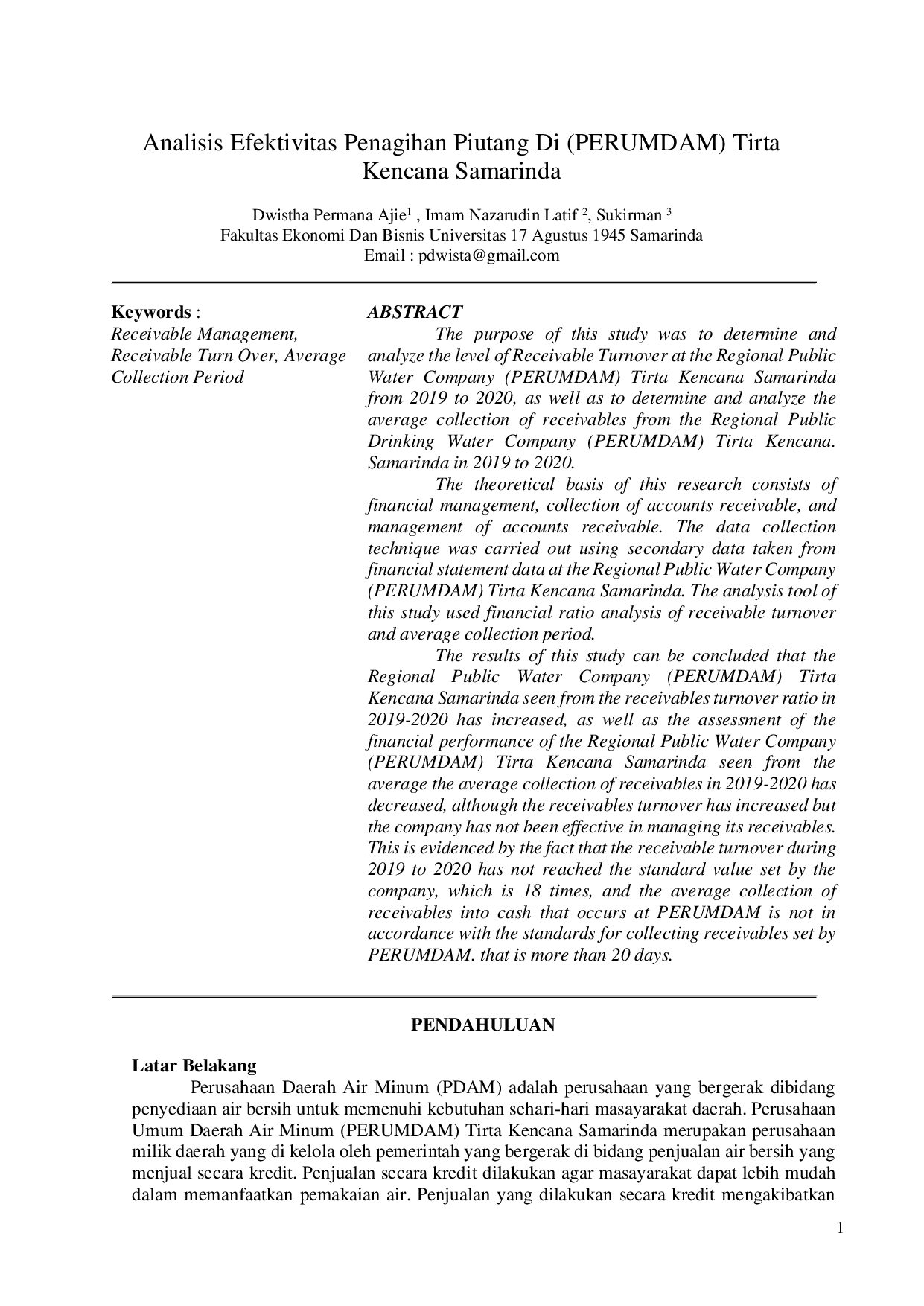 JURIS Analisis Efektivitas Penagihan Piutang Di PERUMDAM Tirta Kencana Samarinda