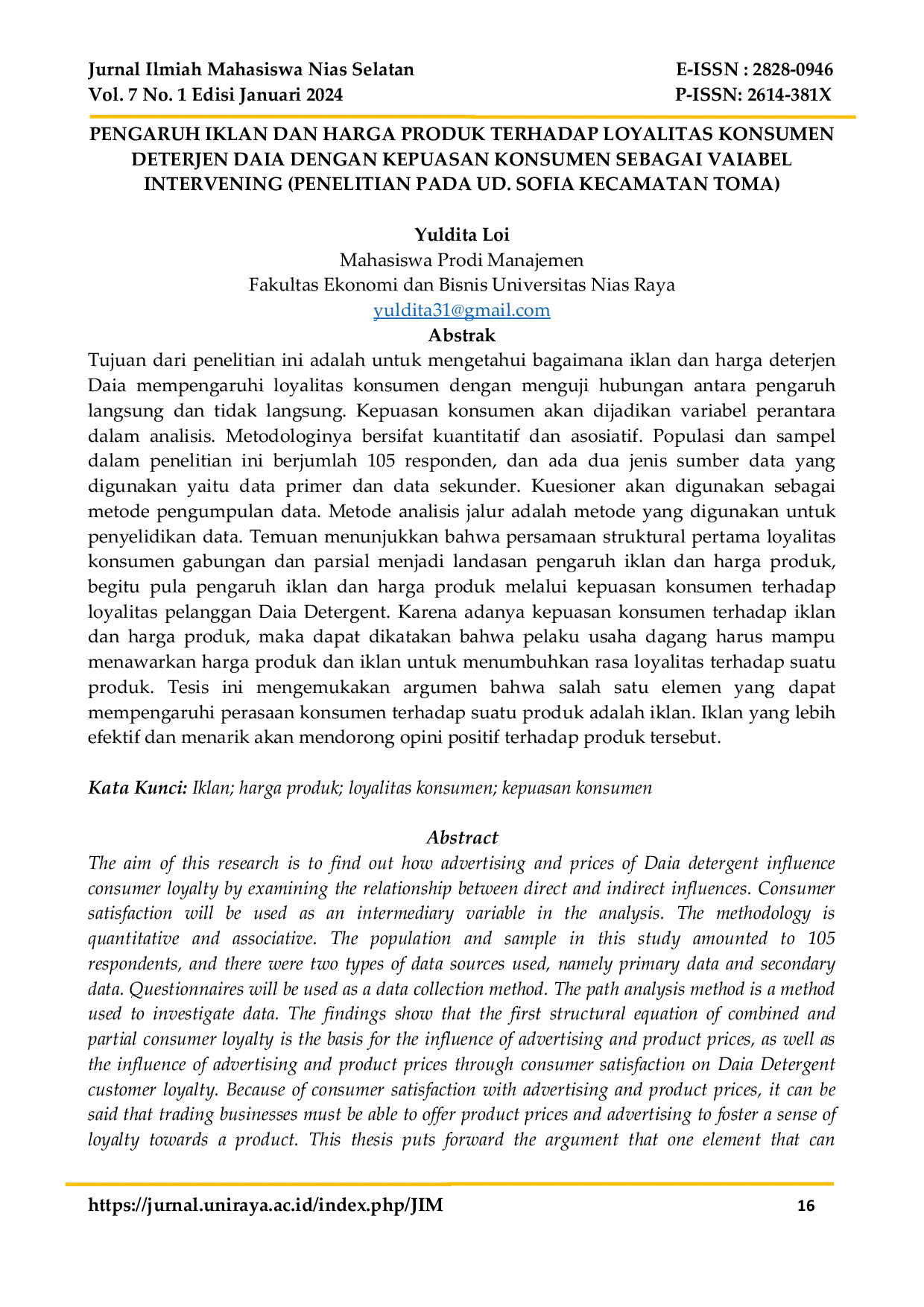 JURIS Pengaruh Iklan dan Harga Produk Terhadap Loyalitas Konsumen Deterjen Daia Dengan Kepuasan Konsumen Sebagai Variabel Intervening Penelitian Pada UD Sofia Kecamatan Toma