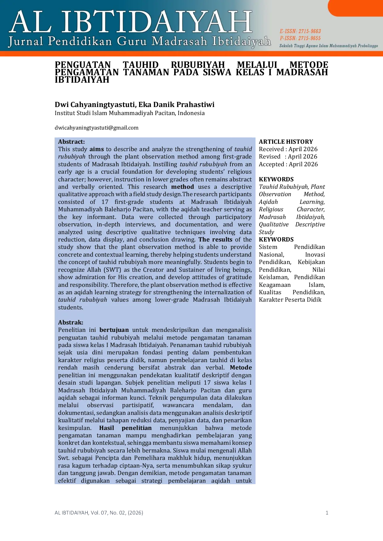 JURIS Penguatan Tauhid Rububiyah Melalui Metode Pengamatan Tanaman Pada Siswa Kelas I Madrasah Ibtidaiyah