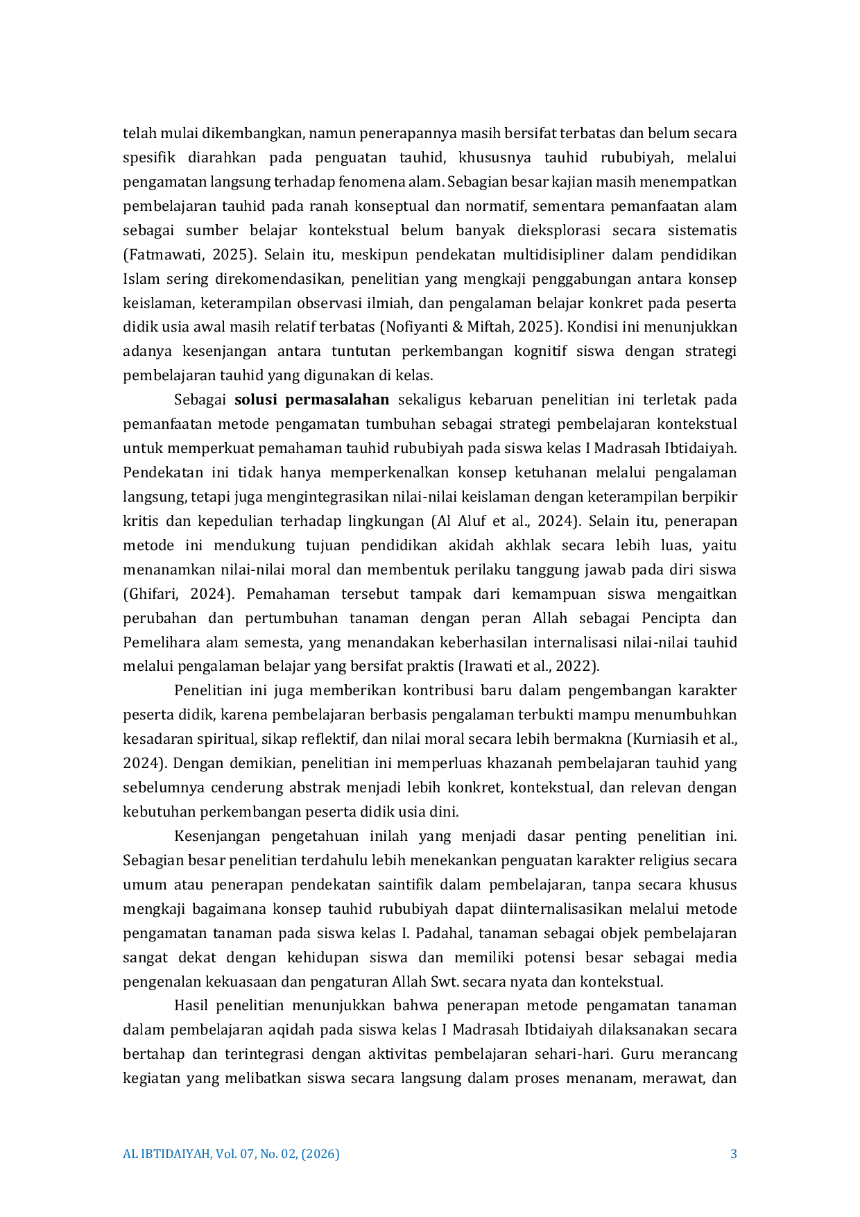 JURIS Penguatan Tauhid Rububiyah Melalui Metode Pengamatan Tanaman Pada Siswa Kelas I Madrasah Ibtidaiyah