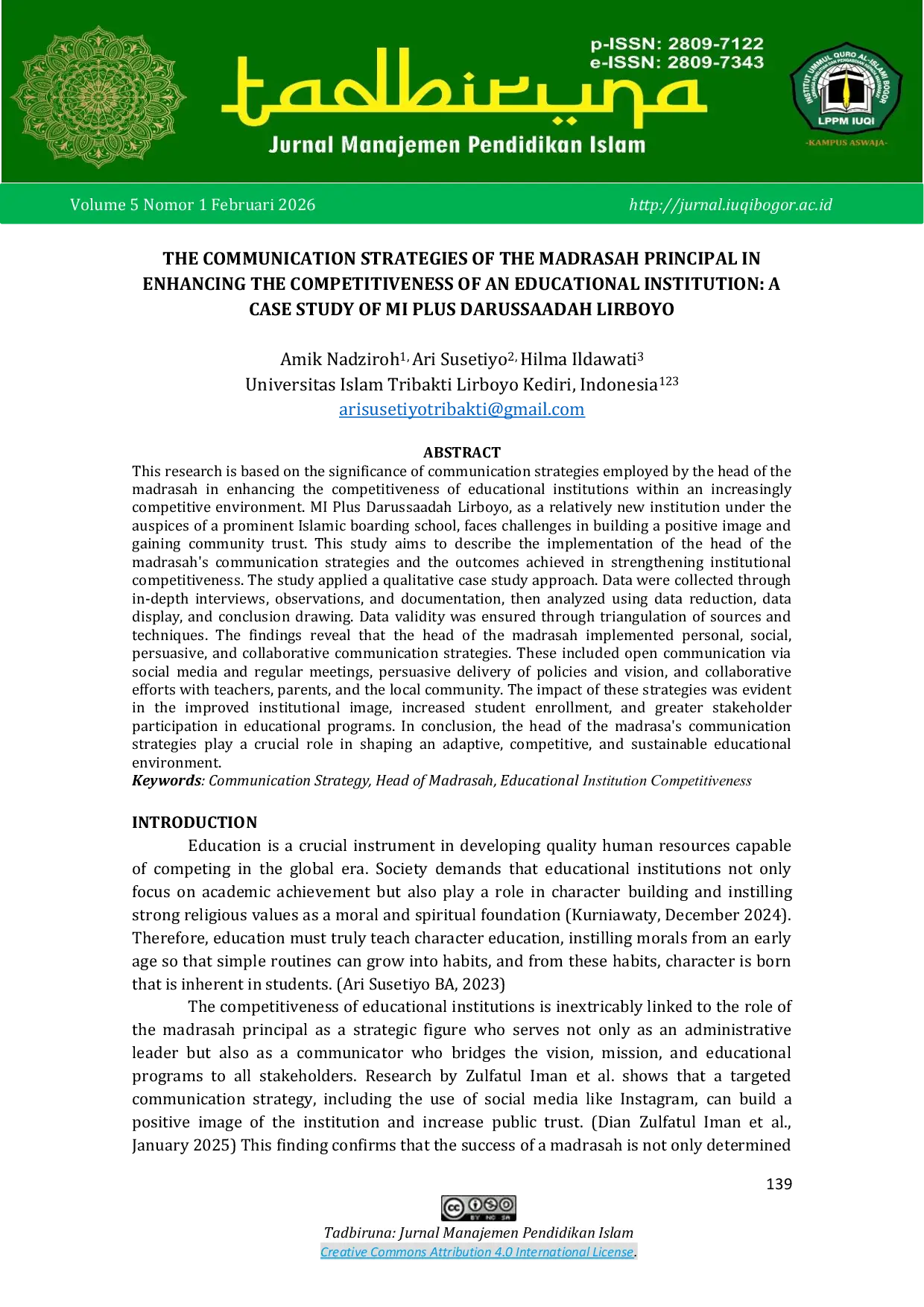 JURIS The Communication Strategies of the Madrasah Principal in Enhancing the Competitiveness of an Educational Institution A Case Study of MI Plus Darussadah Lirboyo