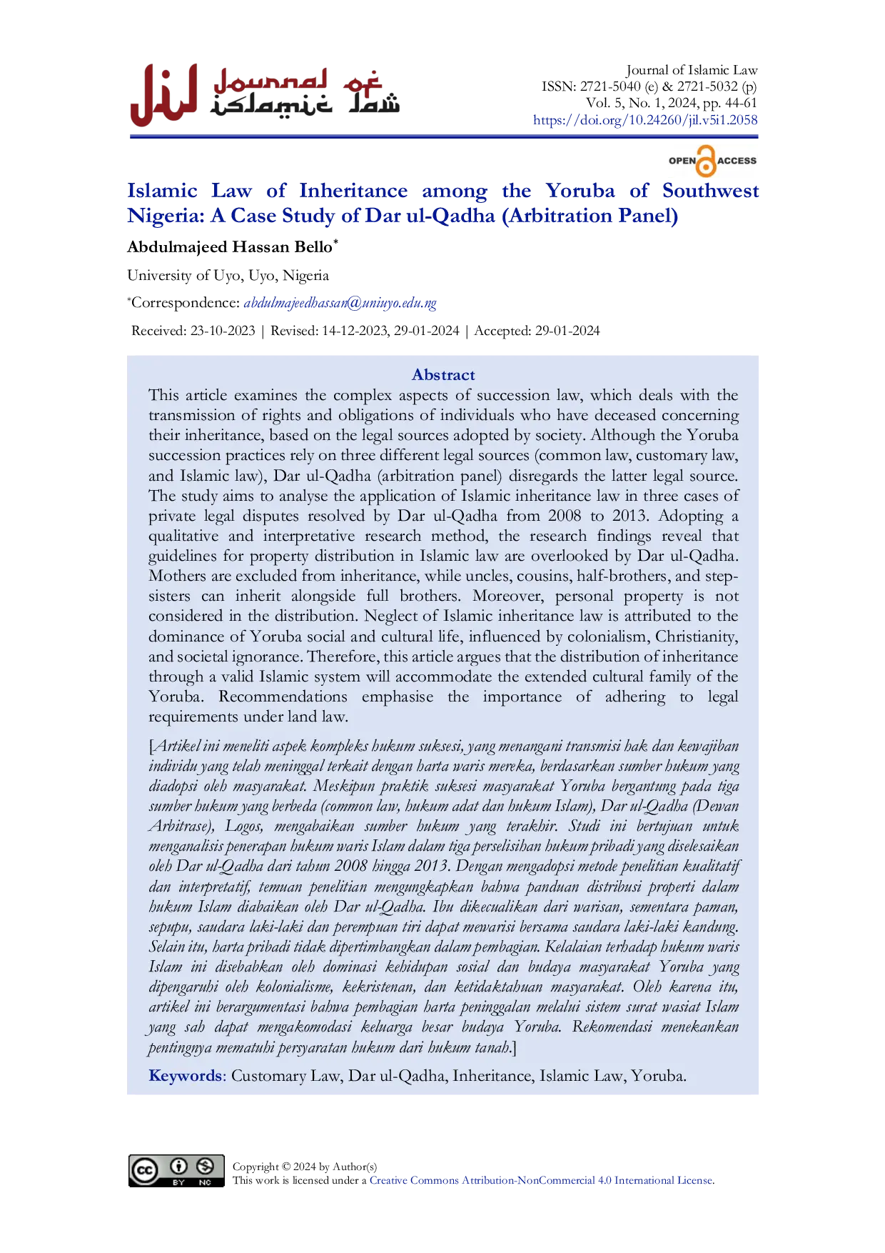 JURIS Islamic Law of Inheritance among the Yoruba of Southwest Nigeria A Case Study of Dar ul Qadha Arbitration Panel