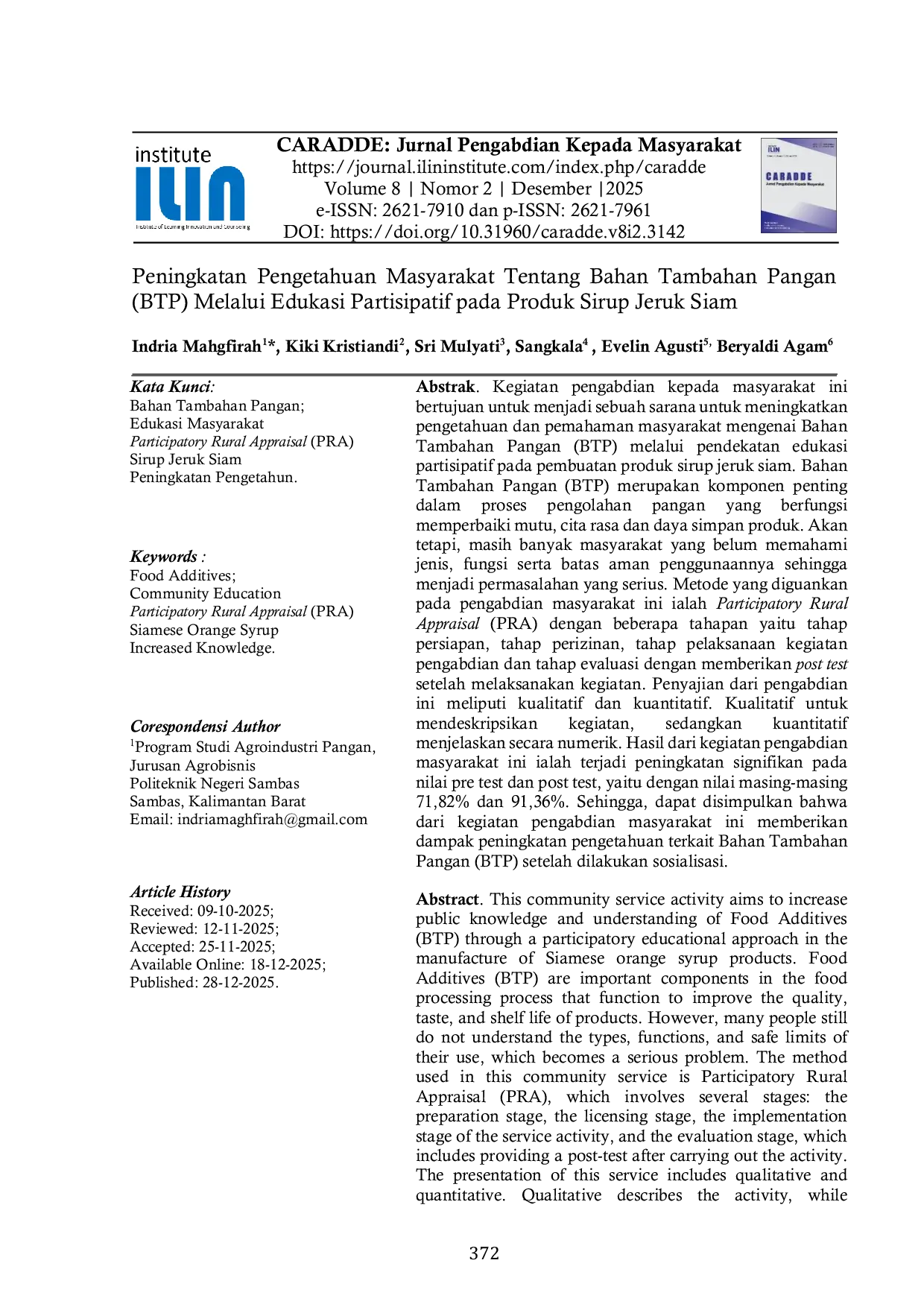 JURIS Peningkatan Pengetahuan Masyarakat Tentang Bahan Tambahan Pangan BTP Melalui Edukasi Partisipatif pada Produk Sirup Jeruk Siam