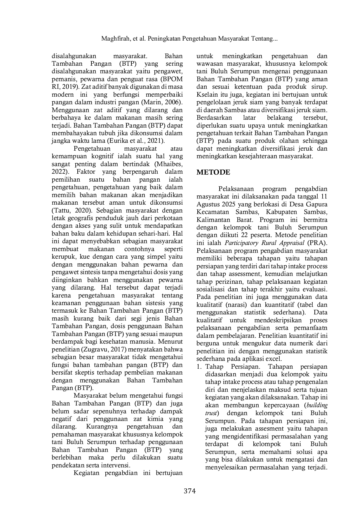 JURIS Peningkatan Pengetahuan Masyarakat Tentang Bahan Tambahan Pangan BTP Melalui Edukasi Partisipatif pada Produk Sirup Jeruk Siam