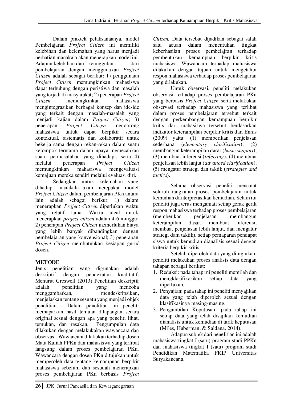JURIS Peranan Project Citizen terhadap Kemampuan Berpikir Kritis Mahasiswa