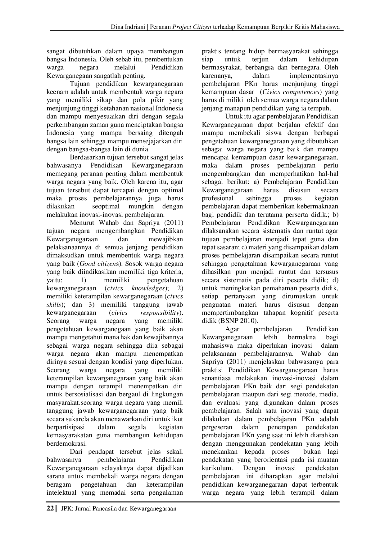 JURIS Peranan Project Citizen terhadap Kemampuan Berpikir Kritis Mahasiswa