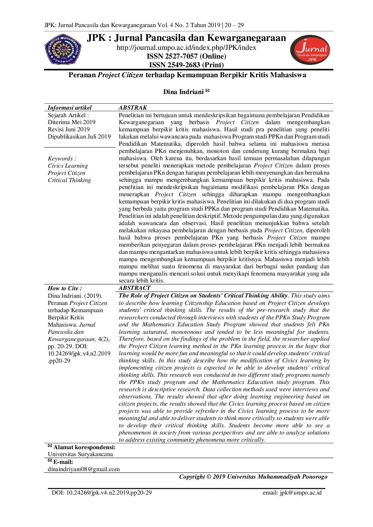 JURIS Peranan Project Citizen terhadap Kemampuan Berpikir Kritis Mahasiswa