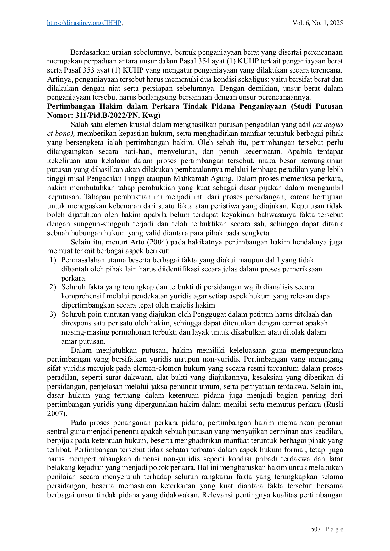 JURIS Pertimbangan Hakim Dalam Perkara Tindak Pidana Penganiayaan Studi Putusan Nomor 311 Pid B 2022 Pn Kwg