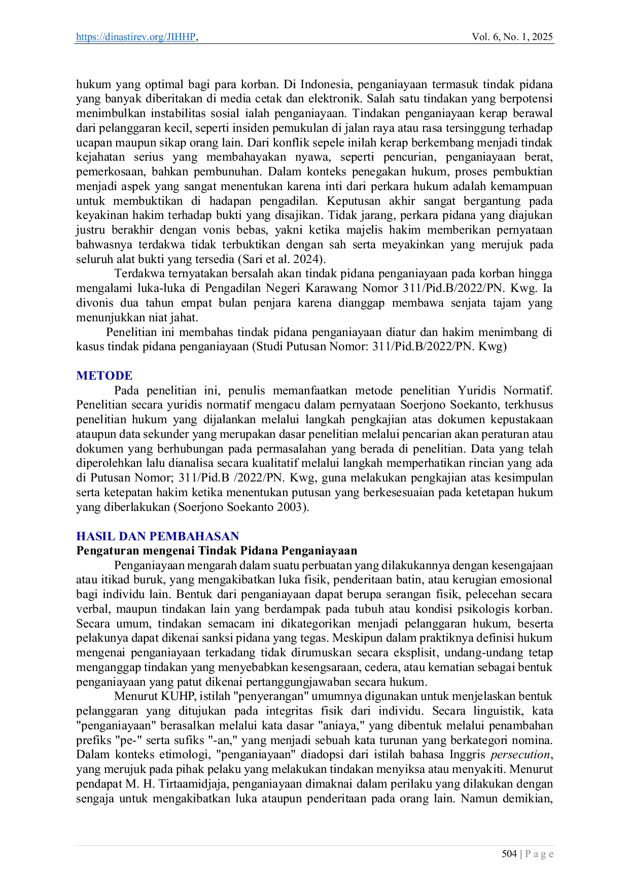 JURIS Pertimbangan Hakim Dalam Perkara Tindak Pidana Penganiayaan Studi Putusan Nomor 311 Pid B 2022 Pn Kwg